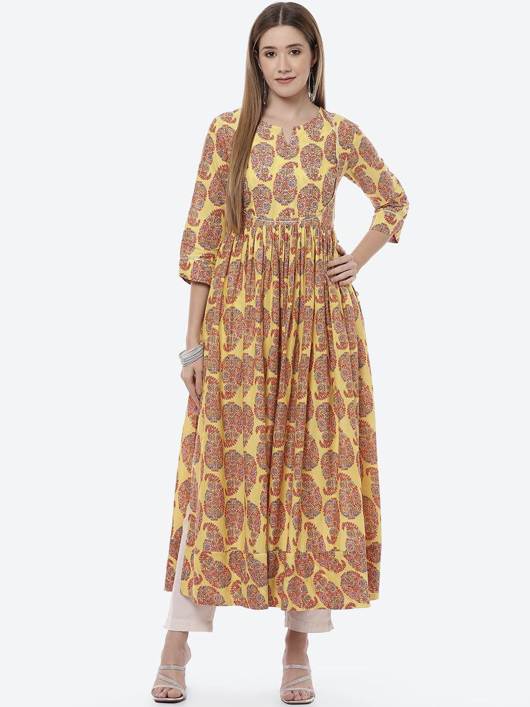 Biba Women Yellow & Pink Paisley Printed Anarkali Kurta