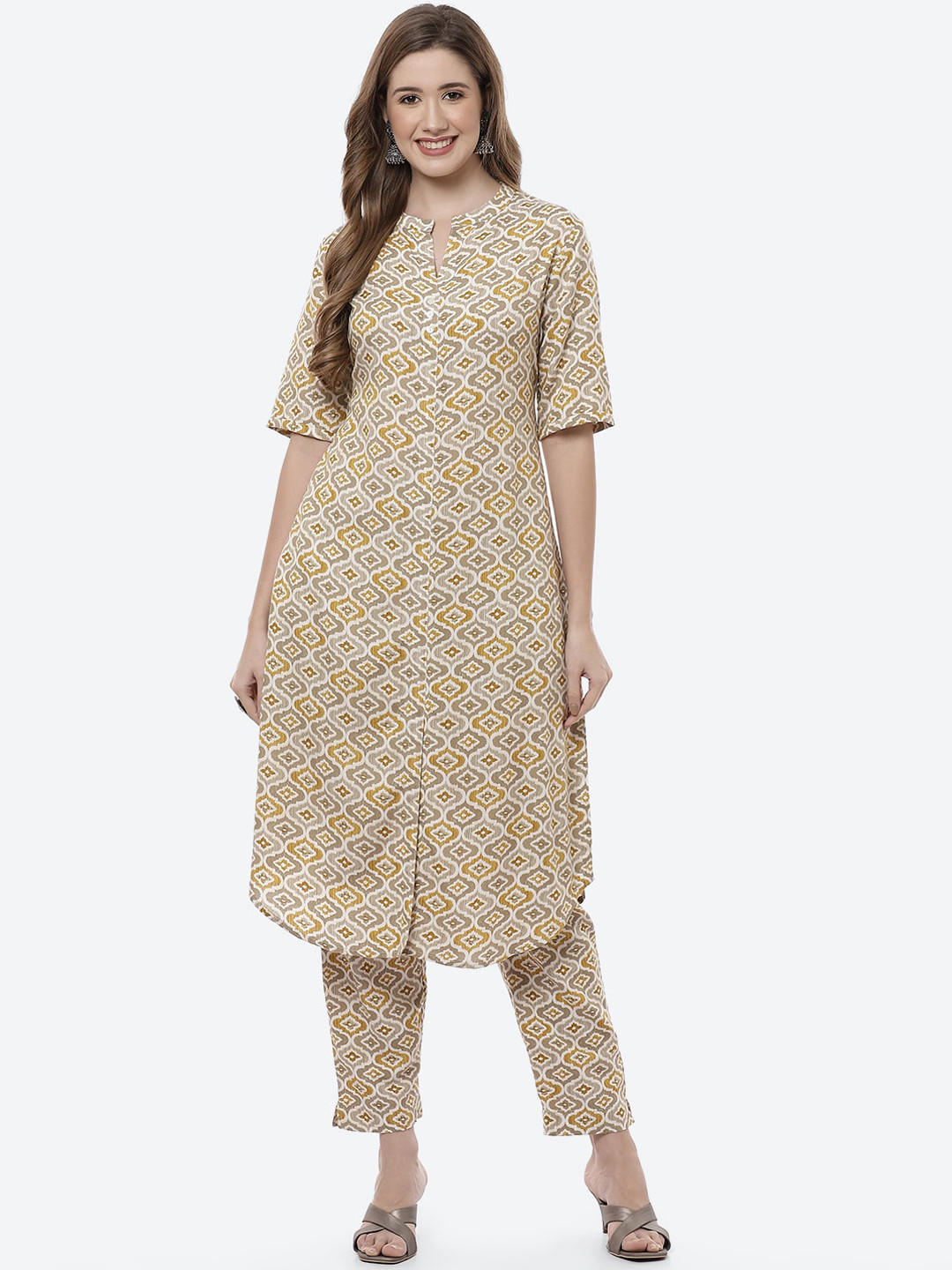 Biba Women Grey Ethnic Motifs Printed Kurta with Trousers