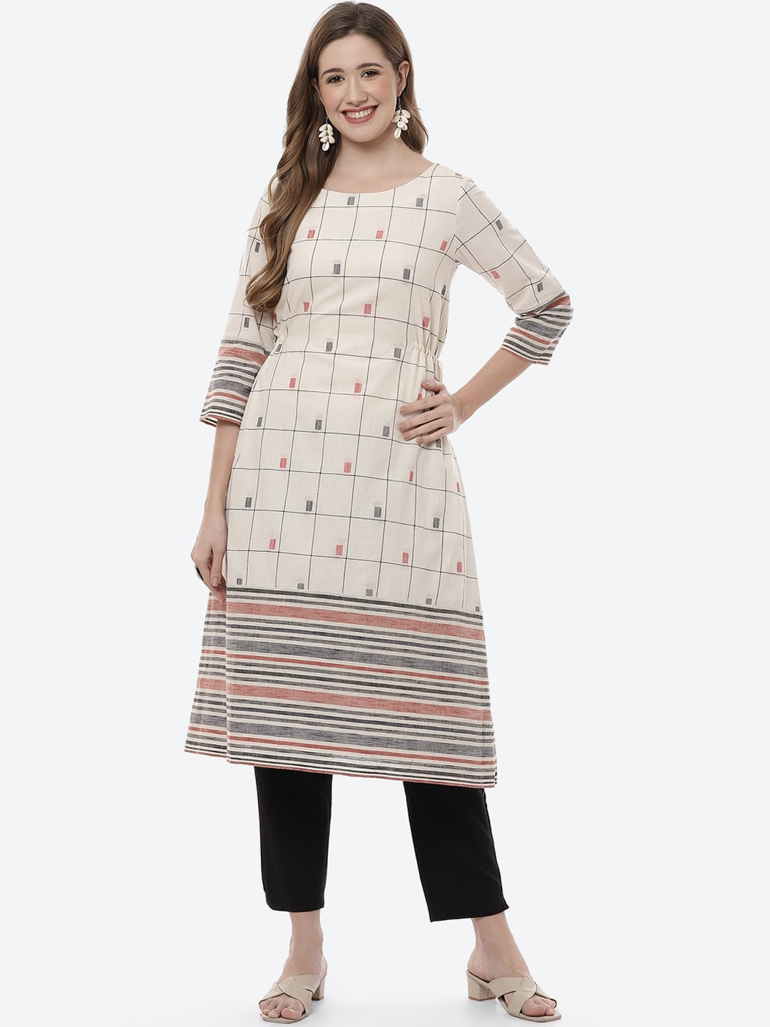 Biba Women Off White & Black Geometric Printed Cotton Kurta