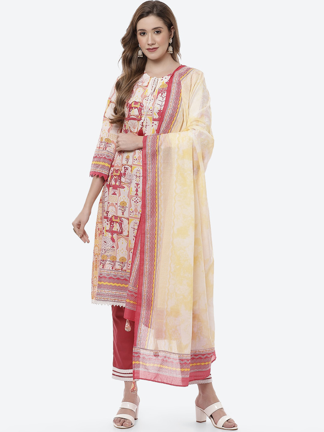 Biba Women Cream-Coloured Printed Pure Cotton Kurta with Palazzos & With Dupatta