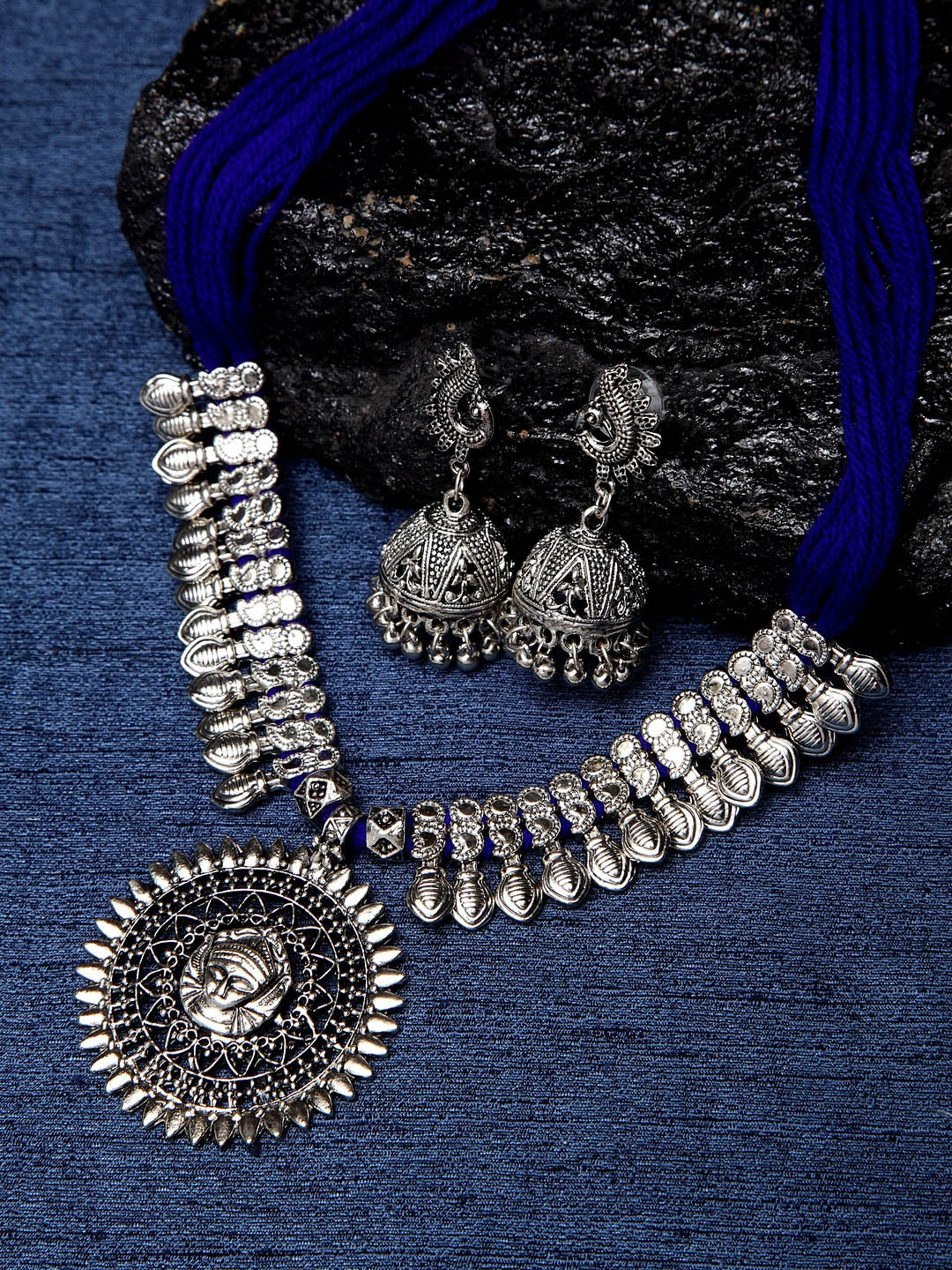 Shining Diva Women Blue Silver-Plated Necklace and Earring Set