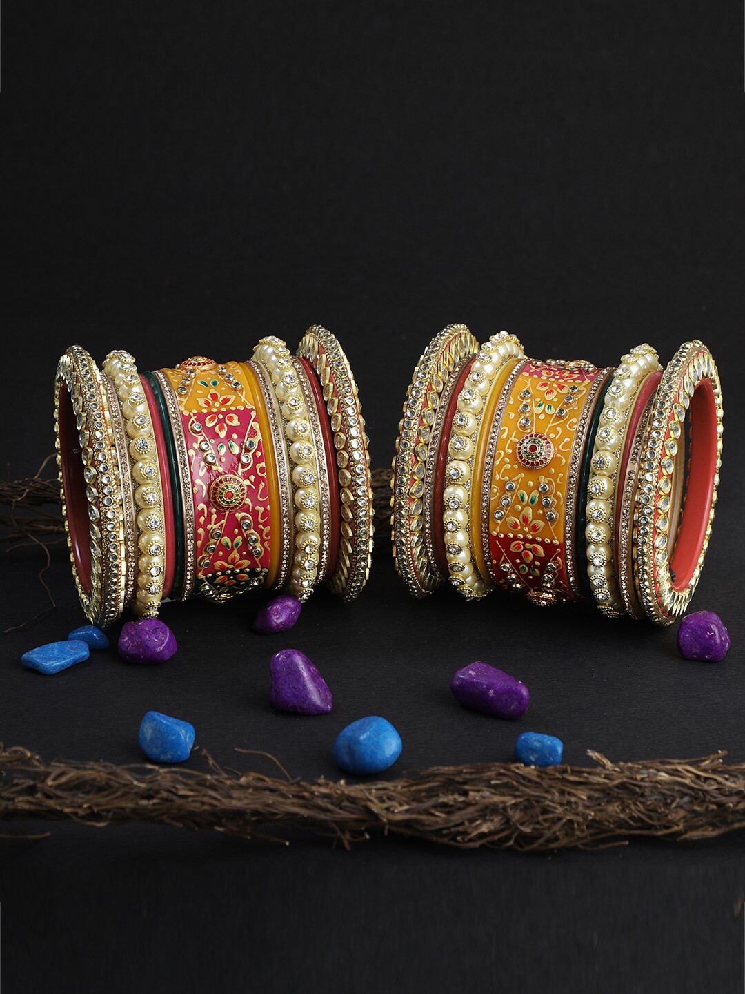 Adwitiya Collection Set Of 26 Gold-Plated Red Meenakari Bridal Chuda