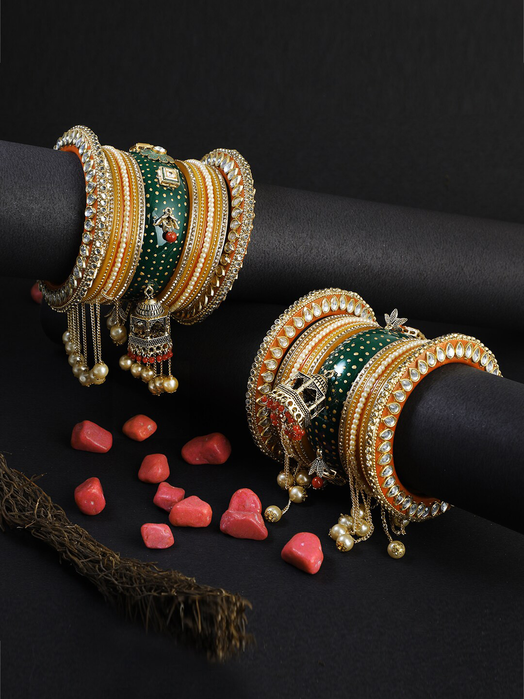 Adwitiya Collection Set Of 26 Gold-Plated White & Red Stone-Studded & Beaded Meenakari Bangles