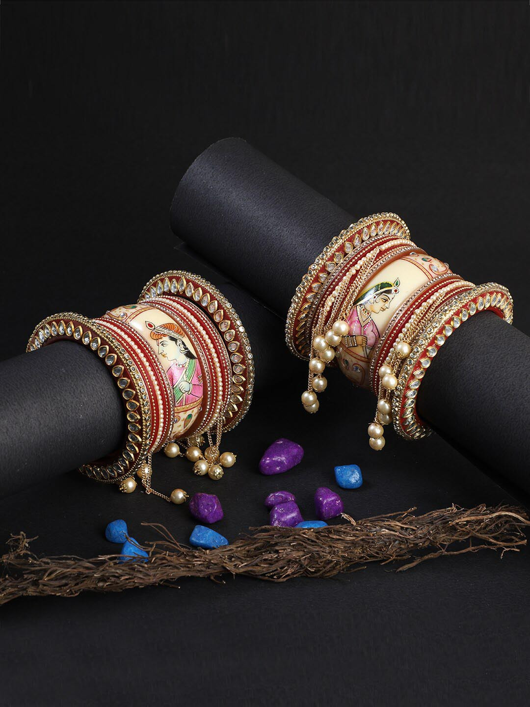 Adwitiya Collection Set of 28 Gold-Plated Rani Raja Printed Bridal Bangles with Hangings