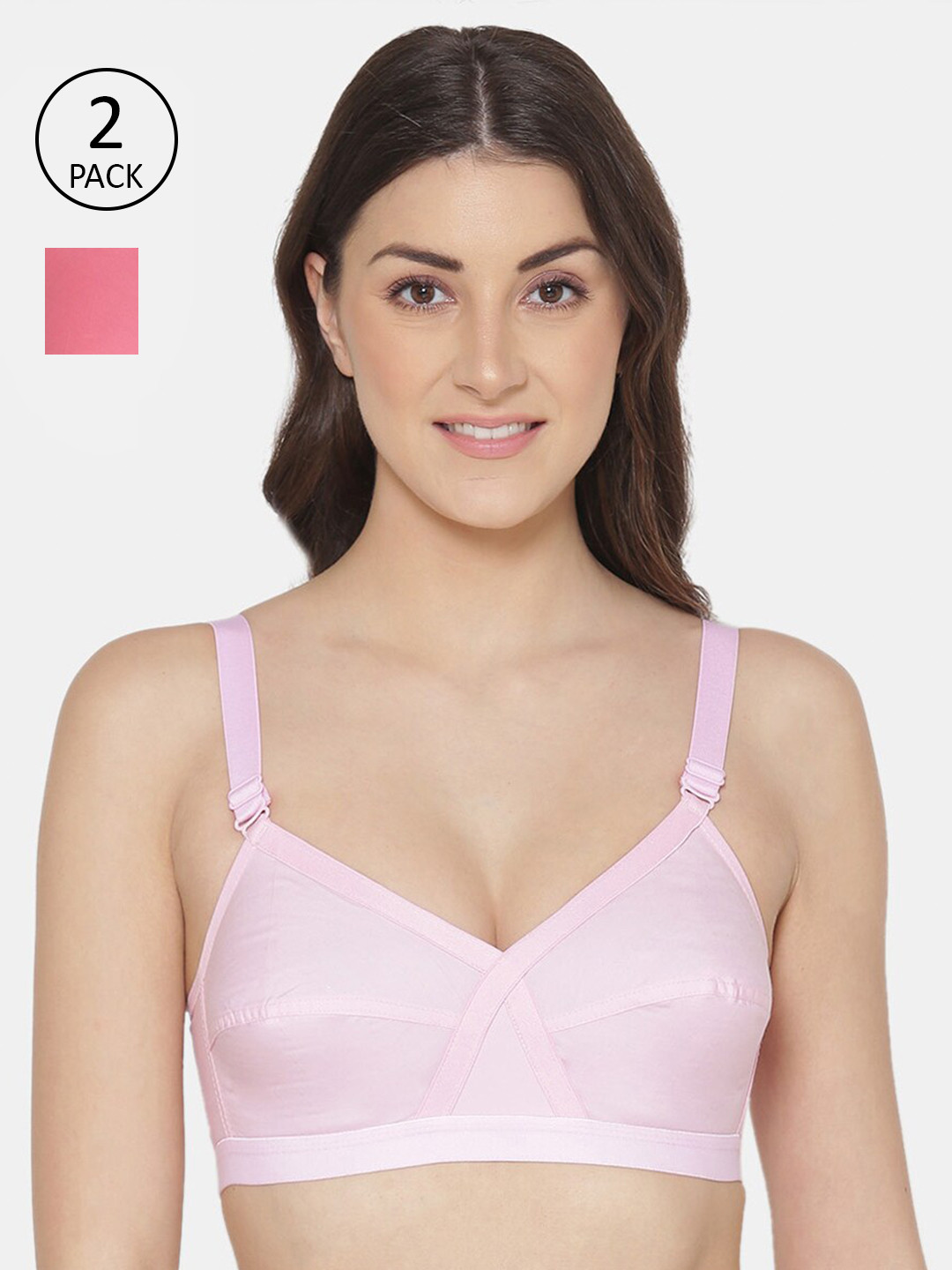 KOMLI Pink & Coral Set of 2 Solid Minimiser Non-Padded Bra