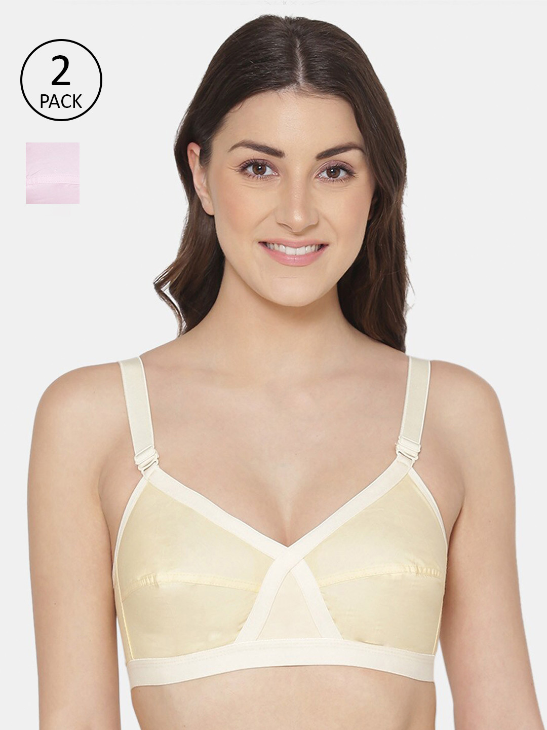 KOMLI Beige & Pink Set of 2 100% Cotton Non-Padded Full Coverage Minimiser Bra