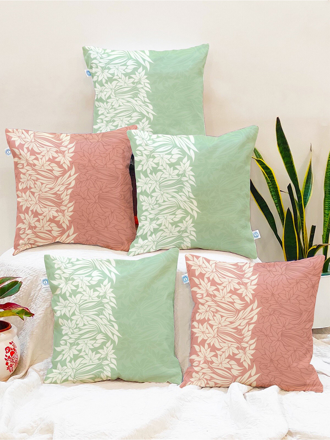 STITCHNEST Set of 5 Green & Peach Floral 16'' x 16'' Cushion Cover
