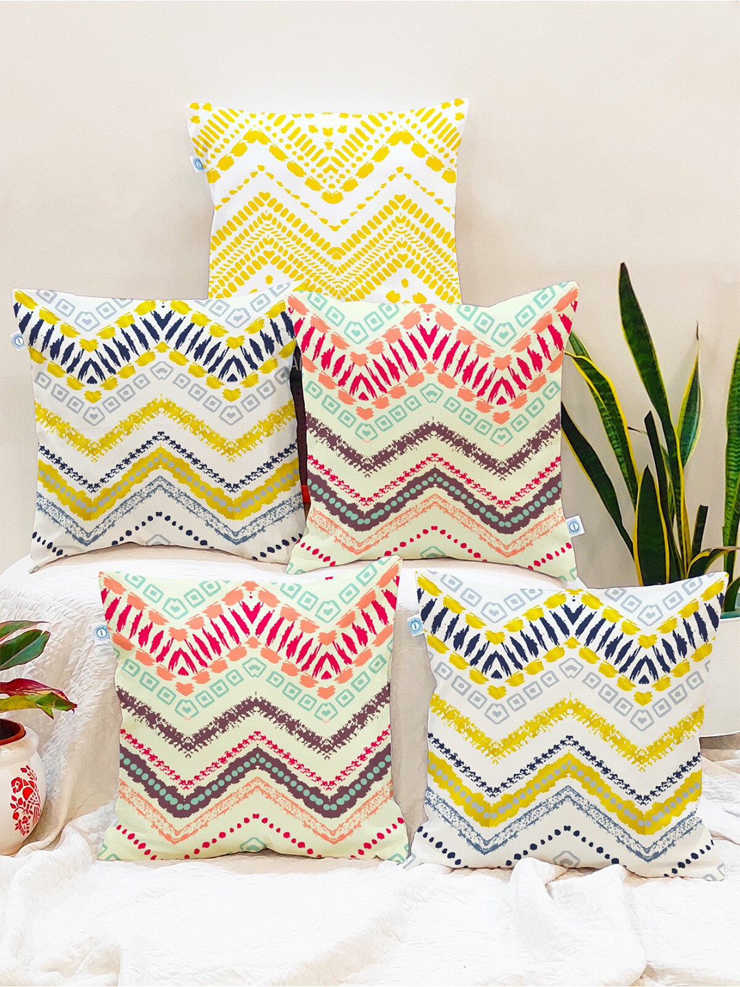 STITCHNEST Set of 5 Teal & Yellow Geometric 24'' x 24'' Cushion Cover