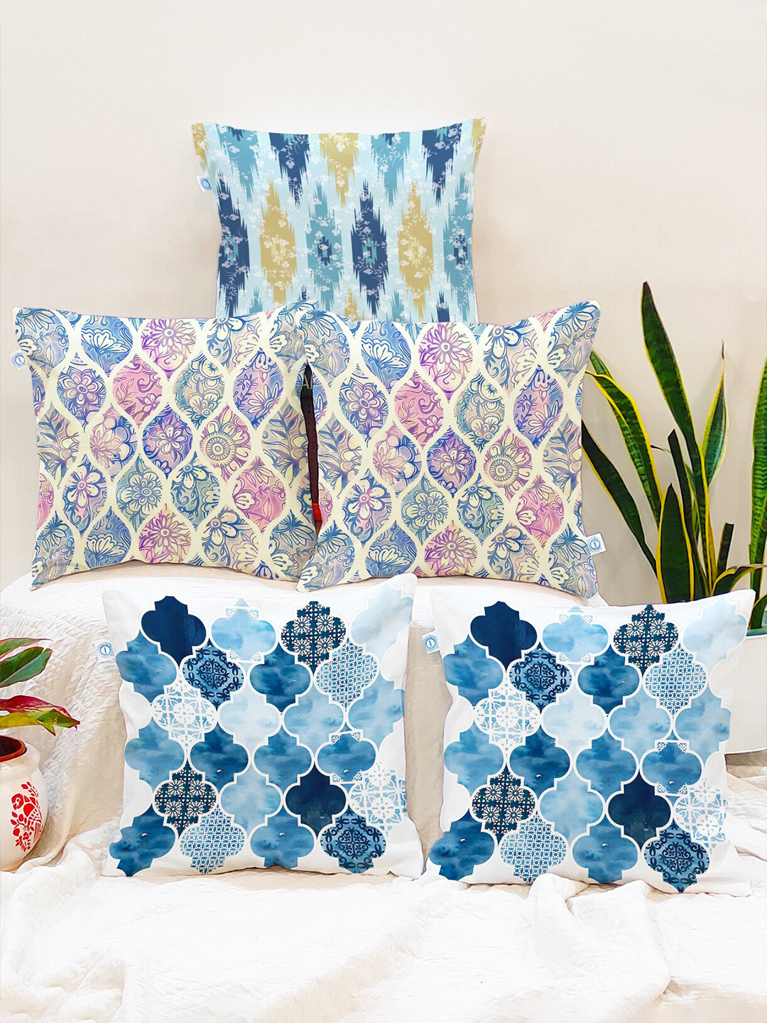 STITCHNEST Blue Ethnic Motifs Cotton Washable 5 Piece Square Cushion Covers -12x12In