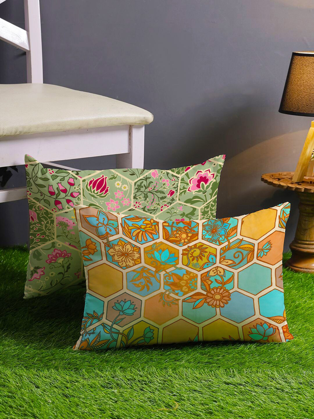 STITCHNEST Honeycomb Green Floral Polyester Silk Lightweight 2 Pcs Cushion Covers -12x18In
