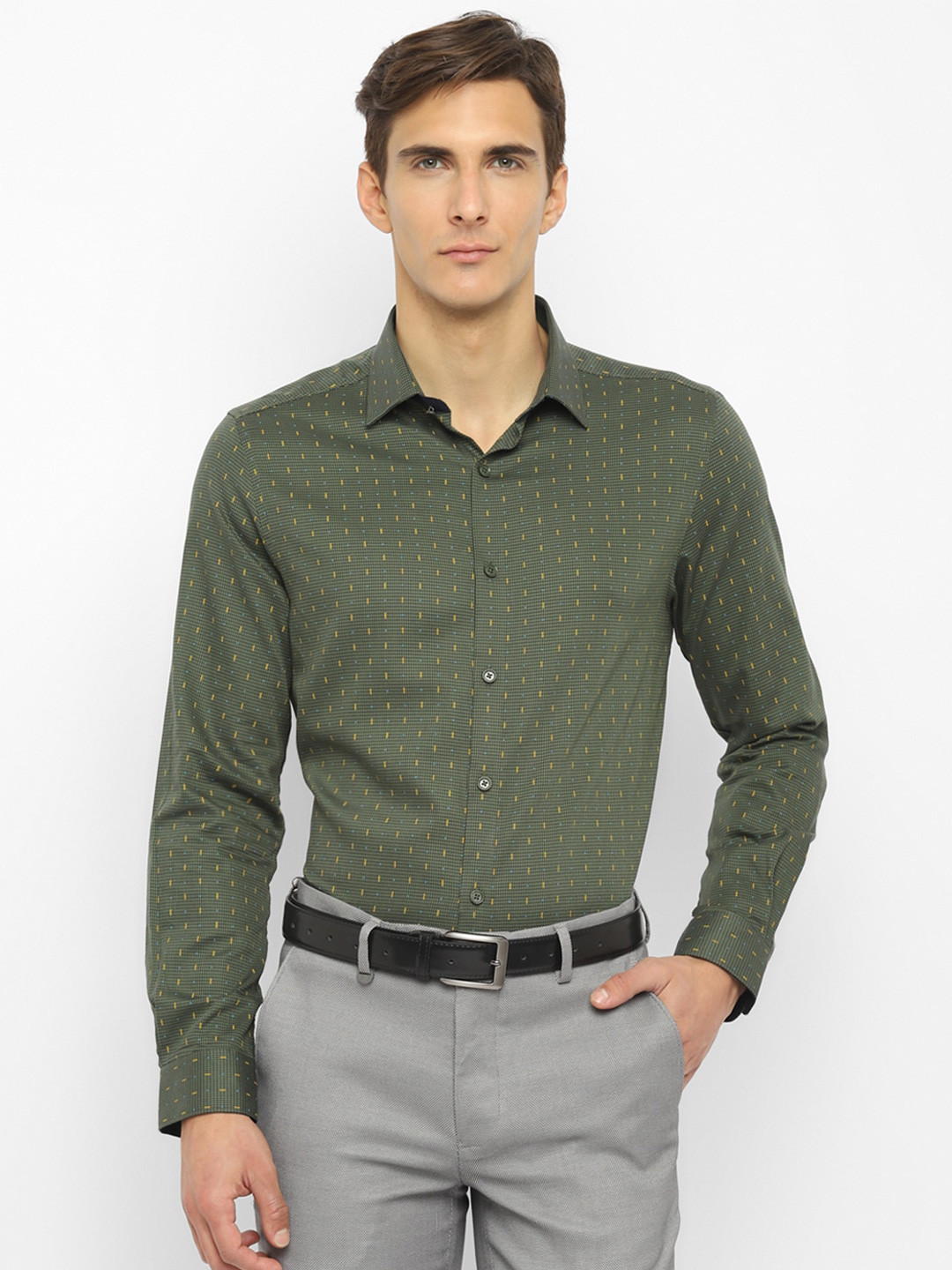 Turtle Men Olive Green & Yellow Slim Fit Micro Ditsy Printed Cotton Formal Shirt