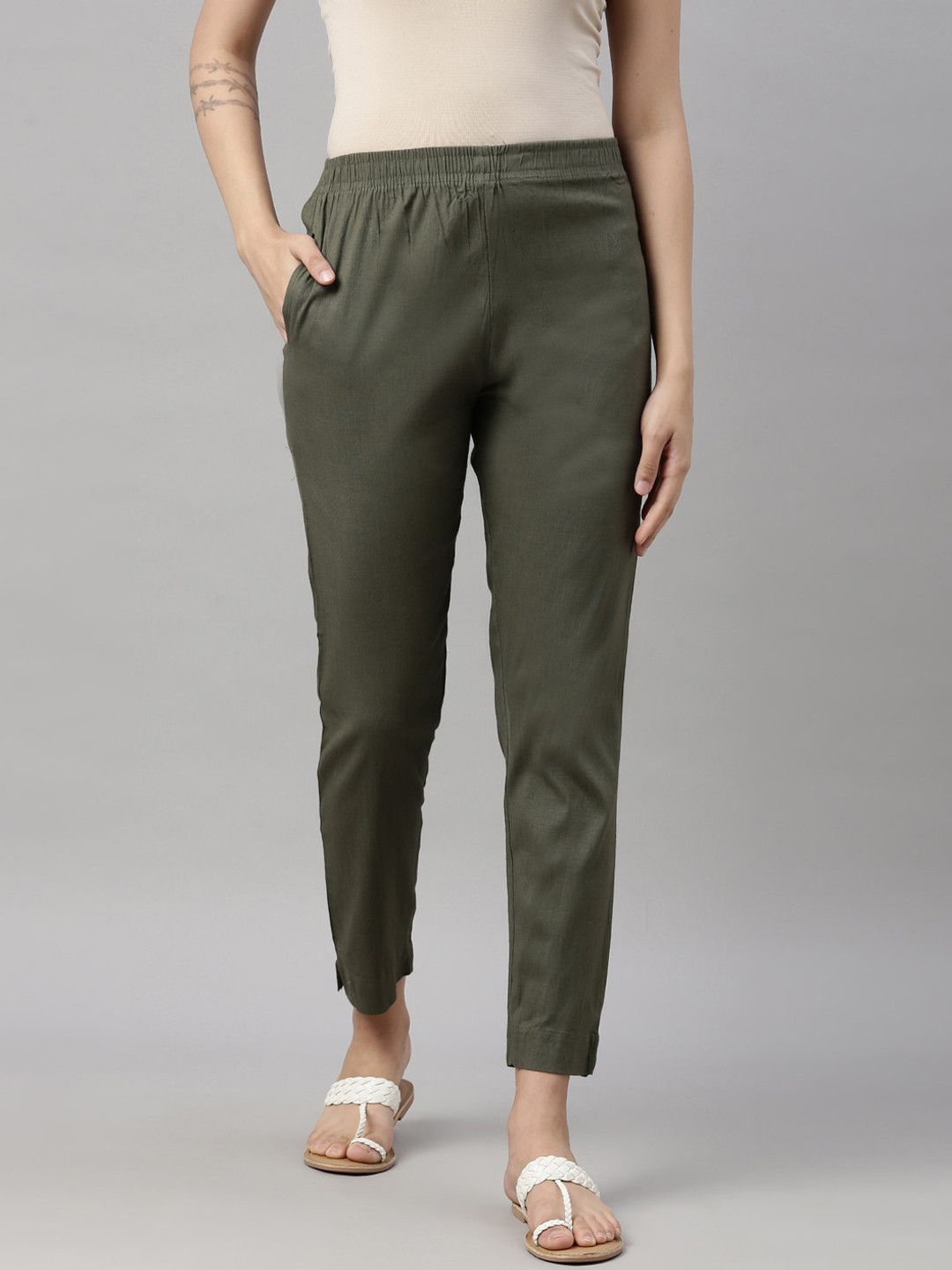 GOLDSTROMS Women Olive Green Cotton Cigarette Trousers