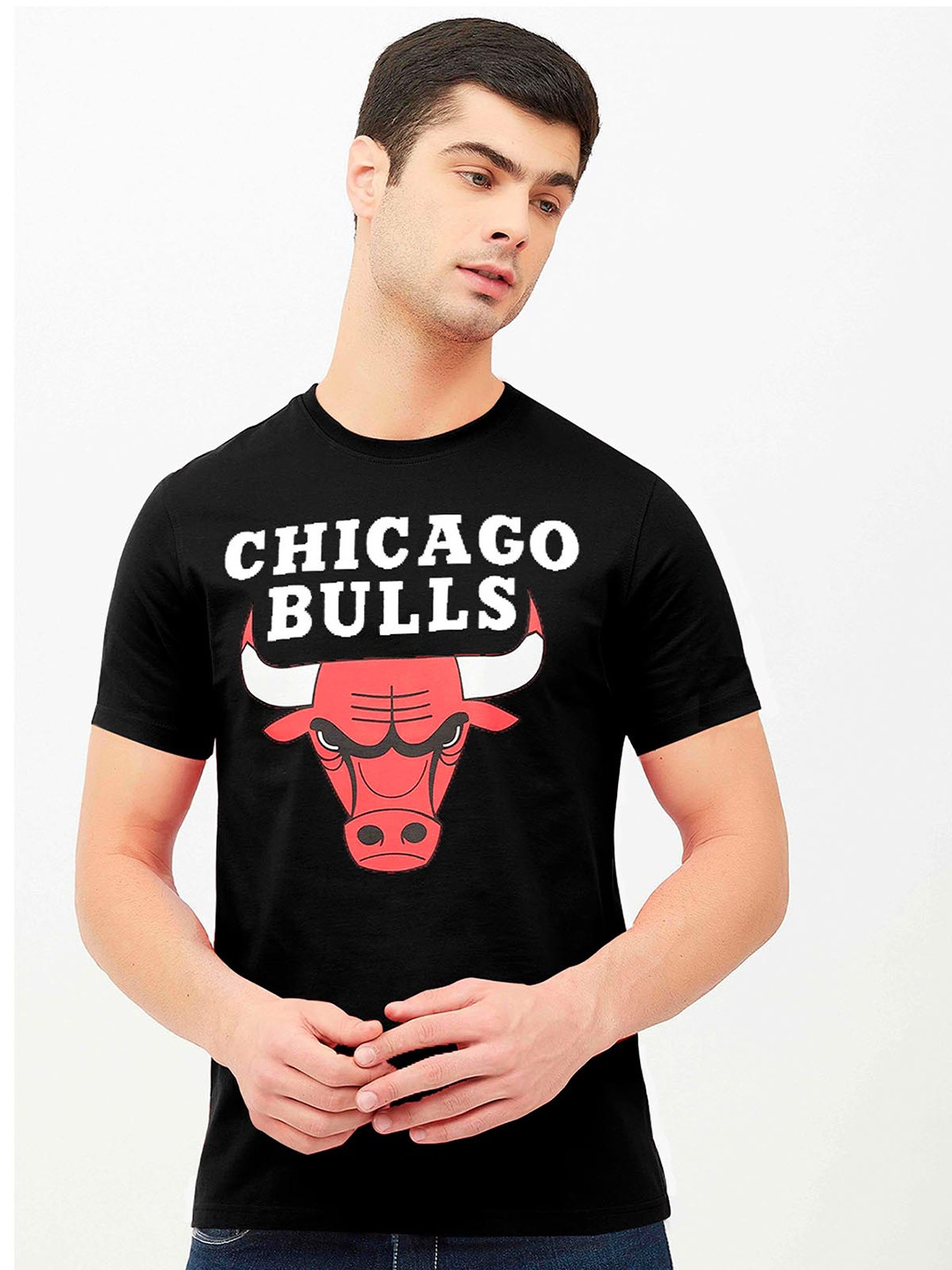 NBA Men Black & Red Chicago Bulls Classic Crest Printed Sublimation Cotton T-shirt