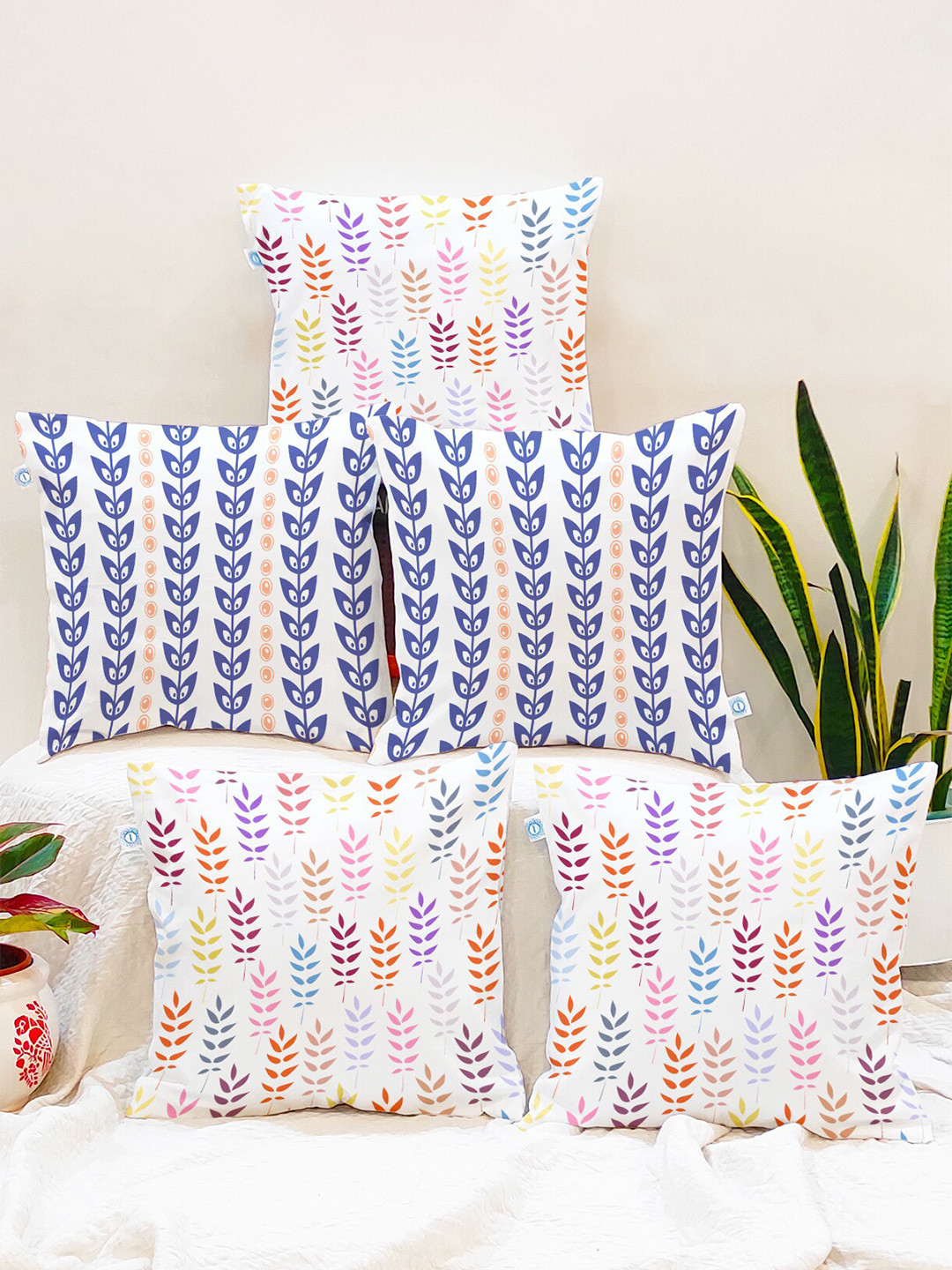 STITCHNEST Leaflet Blue Leaf Cotton Washable 5 Pcs Square Cushion Covers - 12 x 12 In