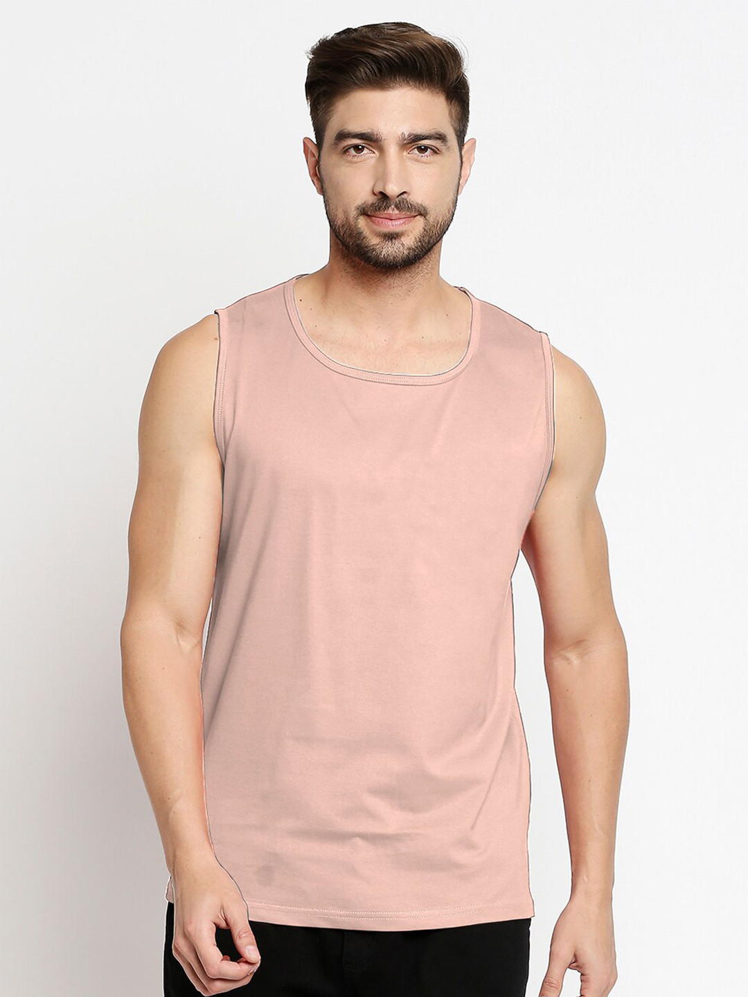 Blacksmith Men Pink Solid Pure Cotton Sleeveless Regular Fit T-shirt