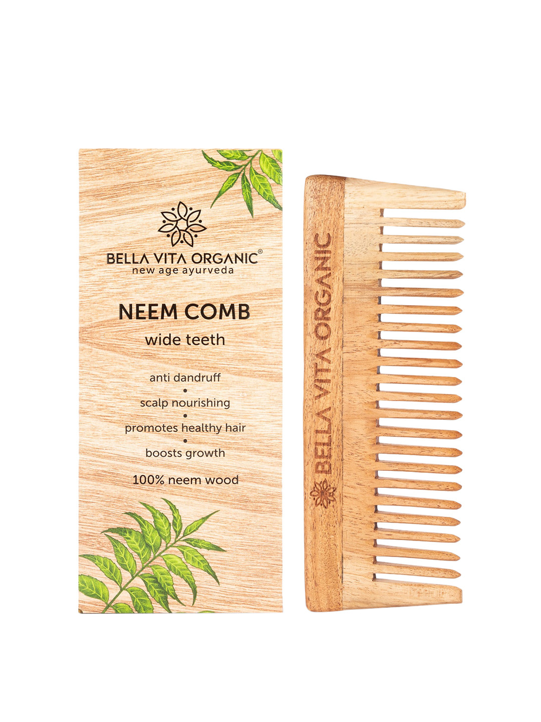 Bella Vita Organic Brown Wide Teeth Scalp Nourishing & Anti-Dandruff 100% Neem Wood Comb