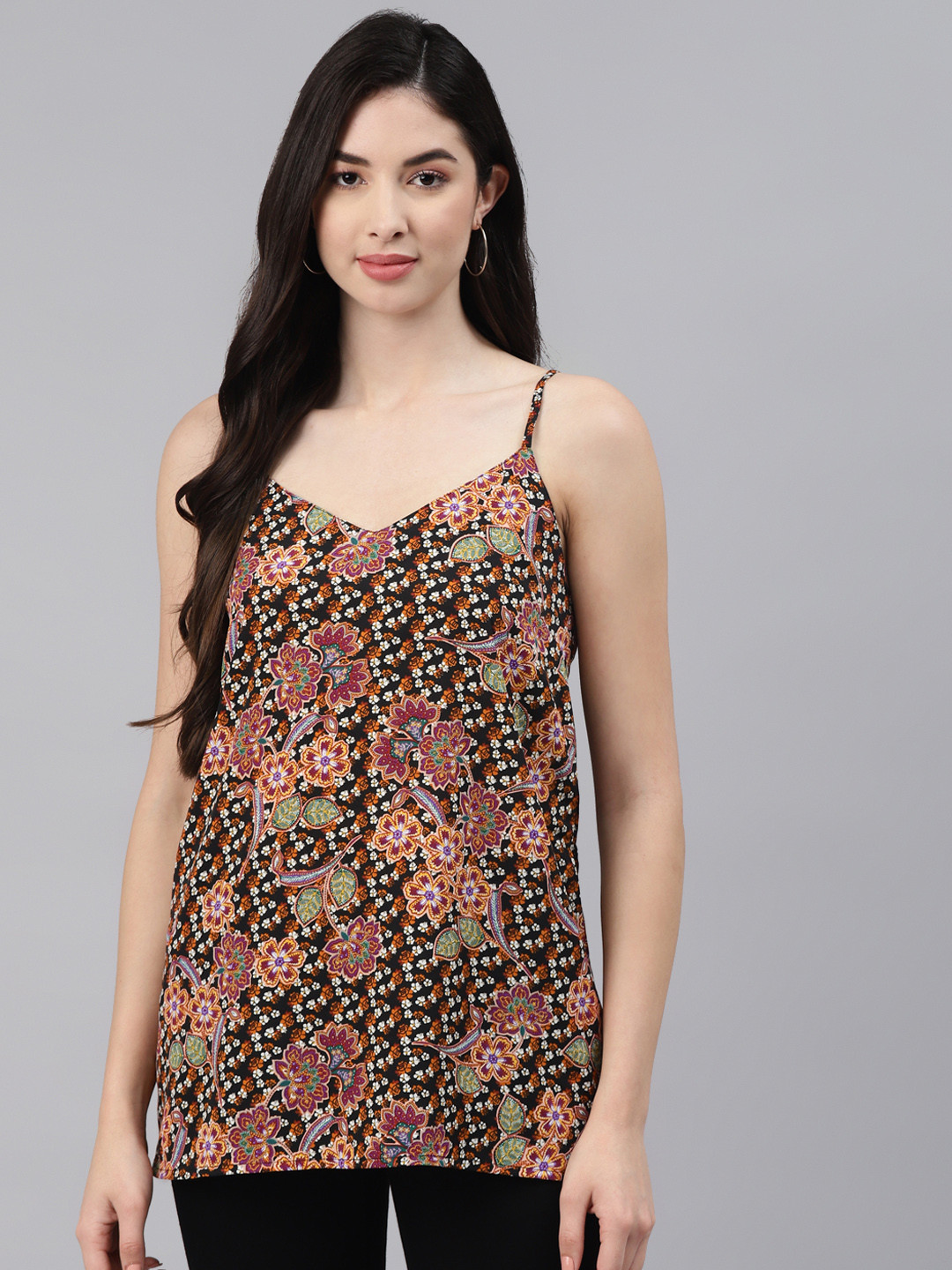 I AM FOR YOU Orange & Black Floral Print Crepe Top