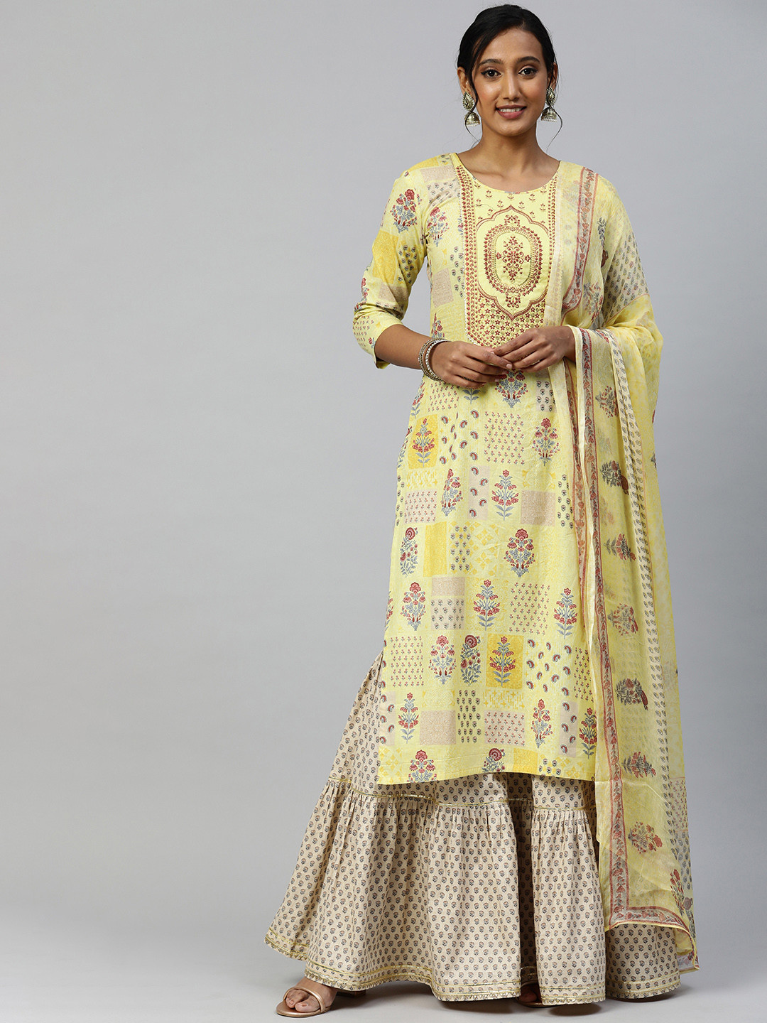 SheWill Women Yellow Floral Embroidered Gotta Patti Pure Cotton Kurta, Sharara & Dupatta