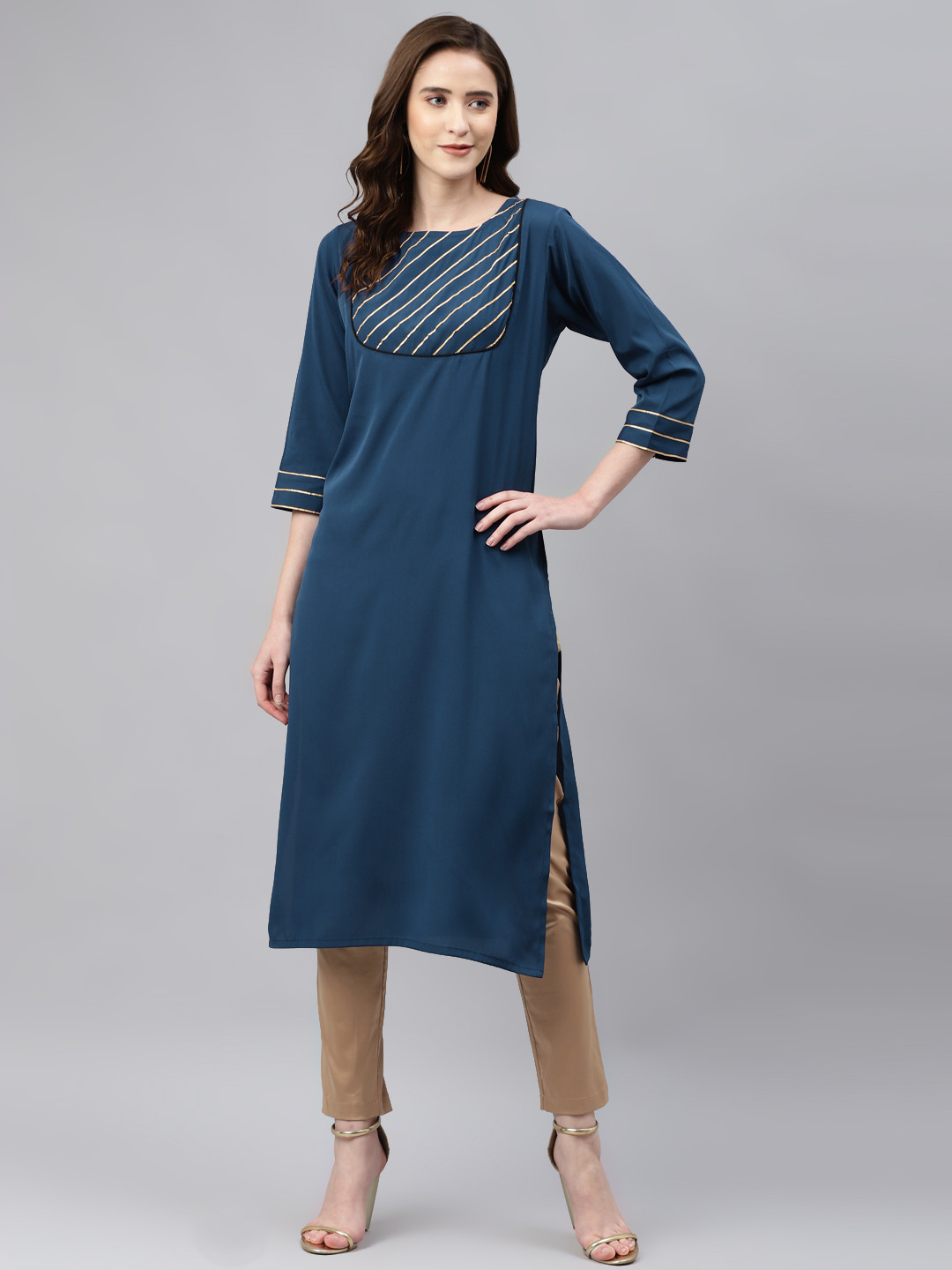 Sasimo Women Blue Solid Yoke Design Gotta Patti Kurta