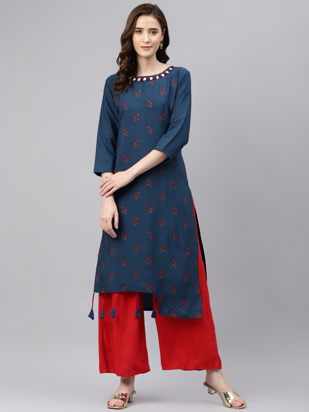 Sasimo Women Blue & Red Floral Printed Floral Kurta With Tasseled Hem Detail