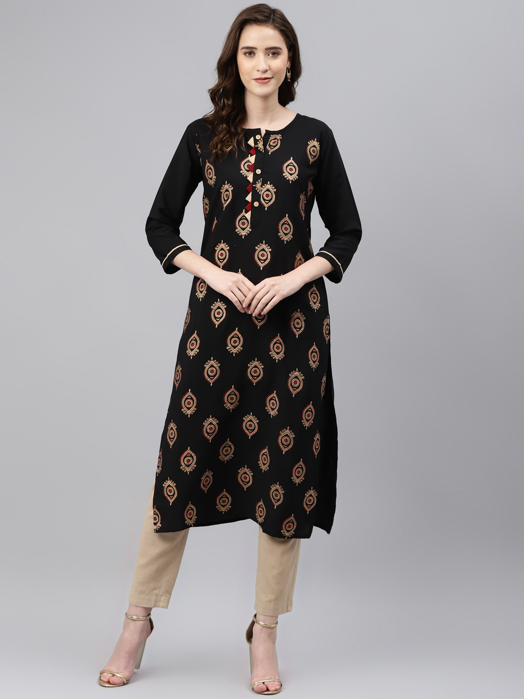 Sasimo Women Black & Golden Ethnic Motifs Printed Kurta