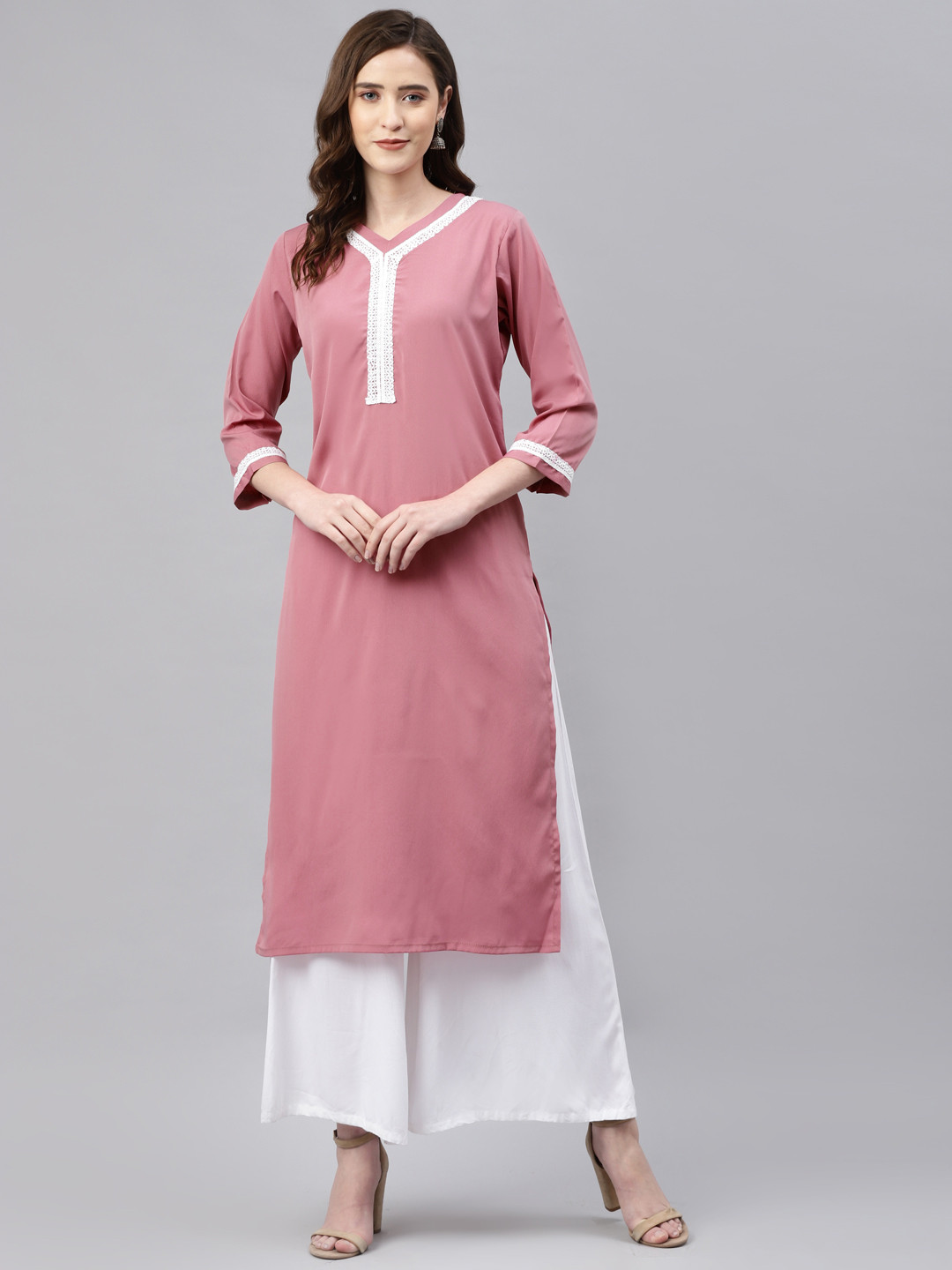 Sasimo Women Pink & White Solid Kurta