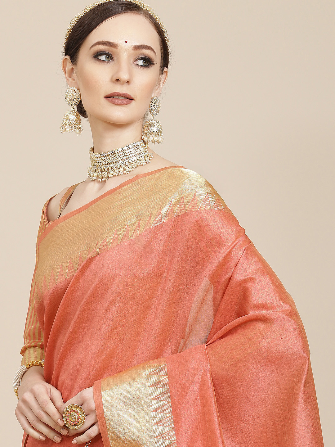 KALINI Coral & Golden Woven Design Saree