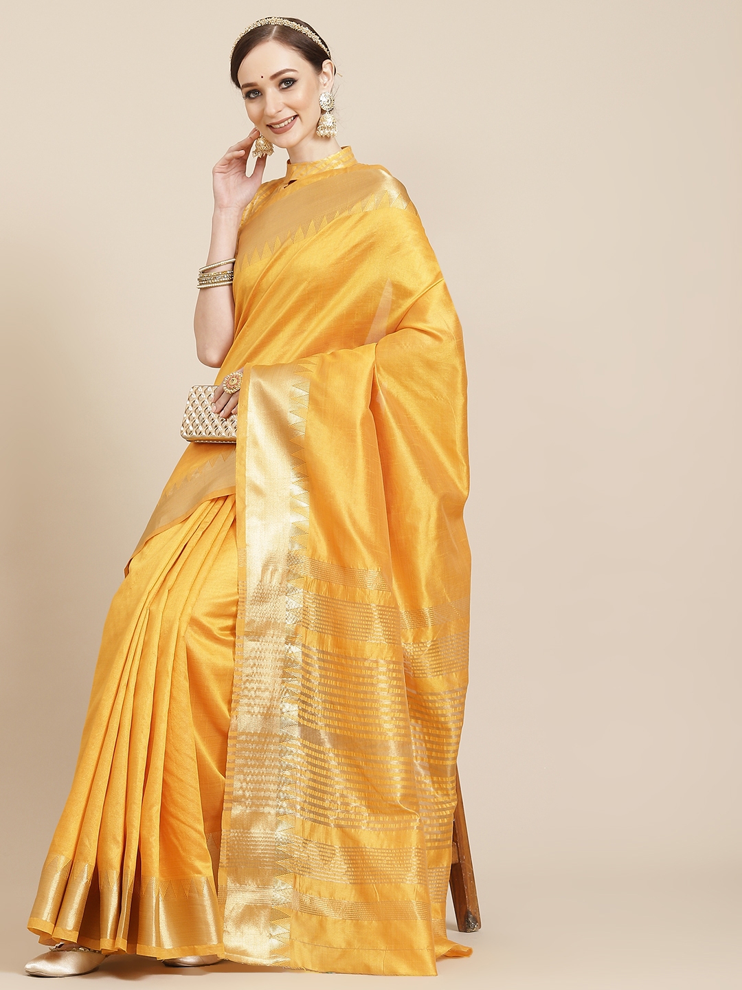 Buy KALINI Yellow & Golden Woven Design Saree - Sarees for Women ...