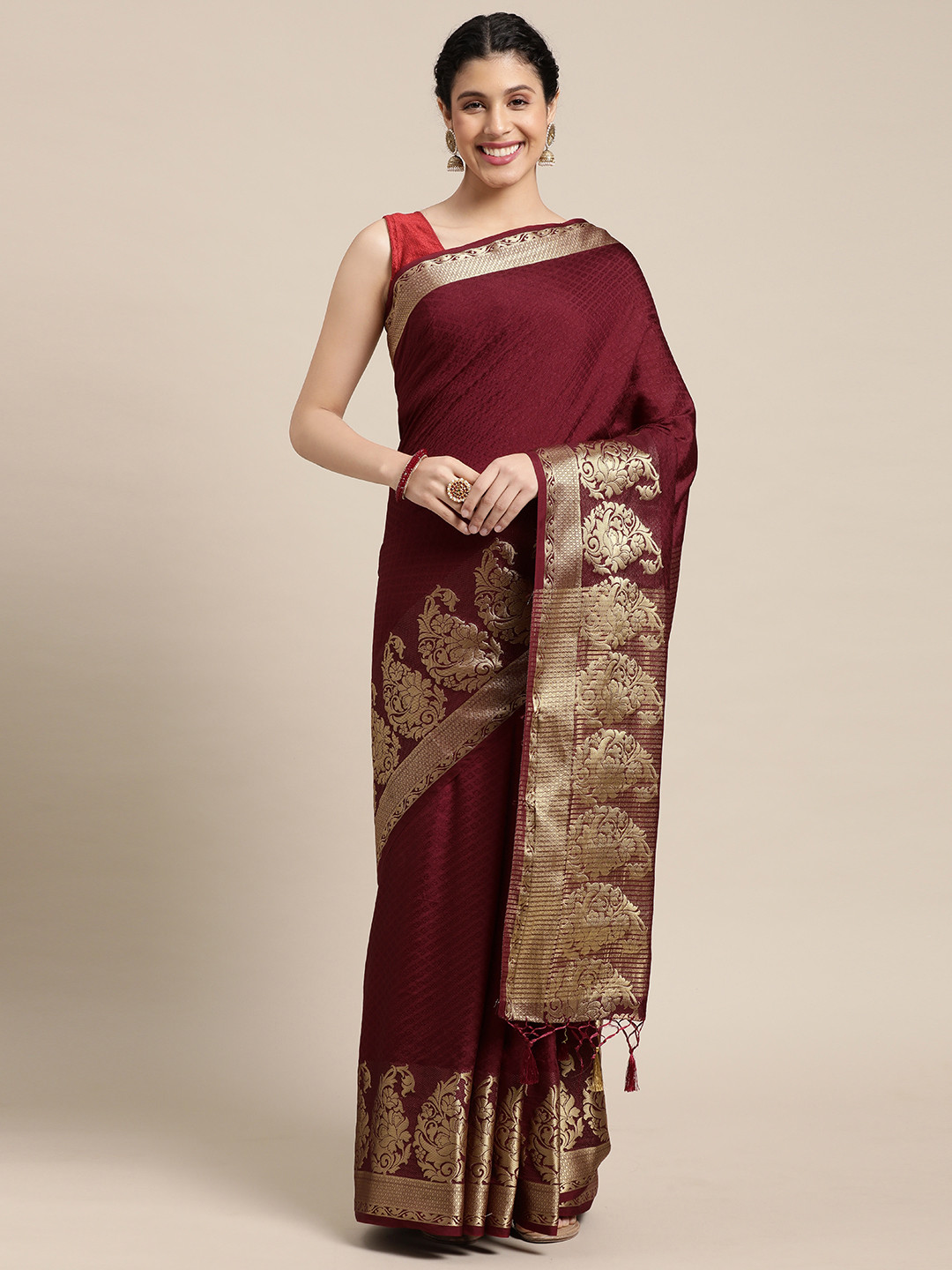 MIMOSA Maroon & Gold-Toned Zari Art Silk Kanjeevaram Saree