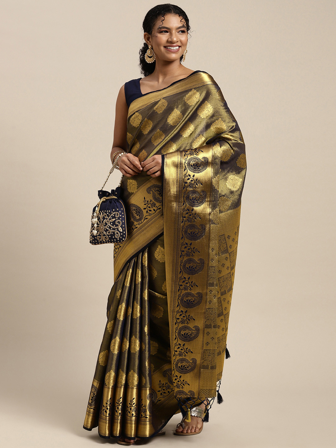 MIMOSA Navy Blue & Golden Ethnic Motifs Zari Art Silk Kanjeevaram Saree
