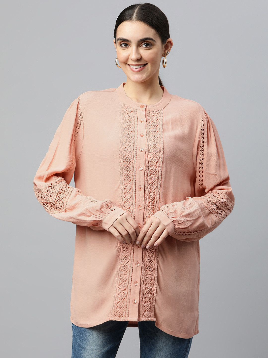 Marks & Spencer Women Peach-Coloured Casual Shirt with Lace Inserts