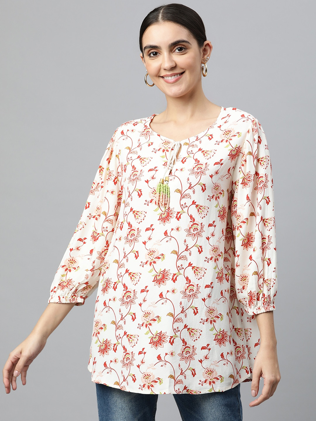 Marks & Spencer White & Coral Print Tie-Up Neck Top