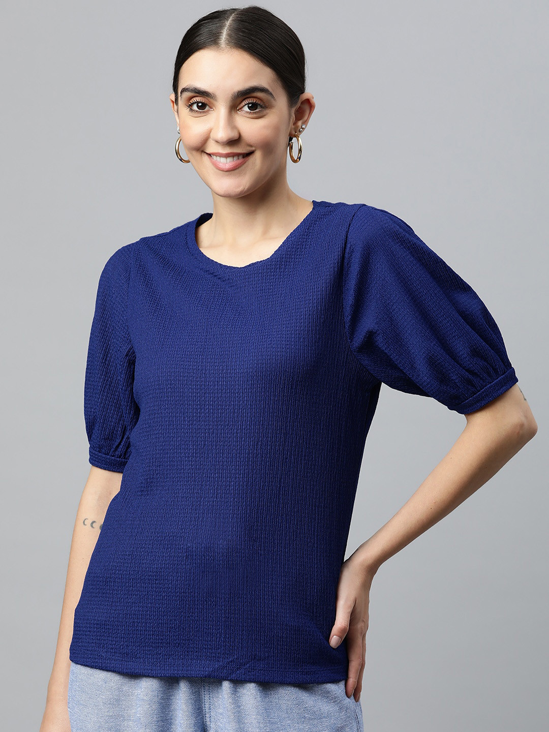 Marks & Spencer Blue Solid Puff Sleeves Top