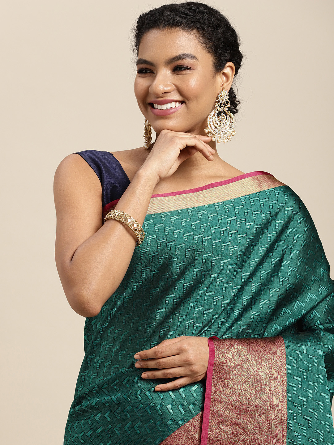 MIMOSA Teal & Golden Woven Design Saree