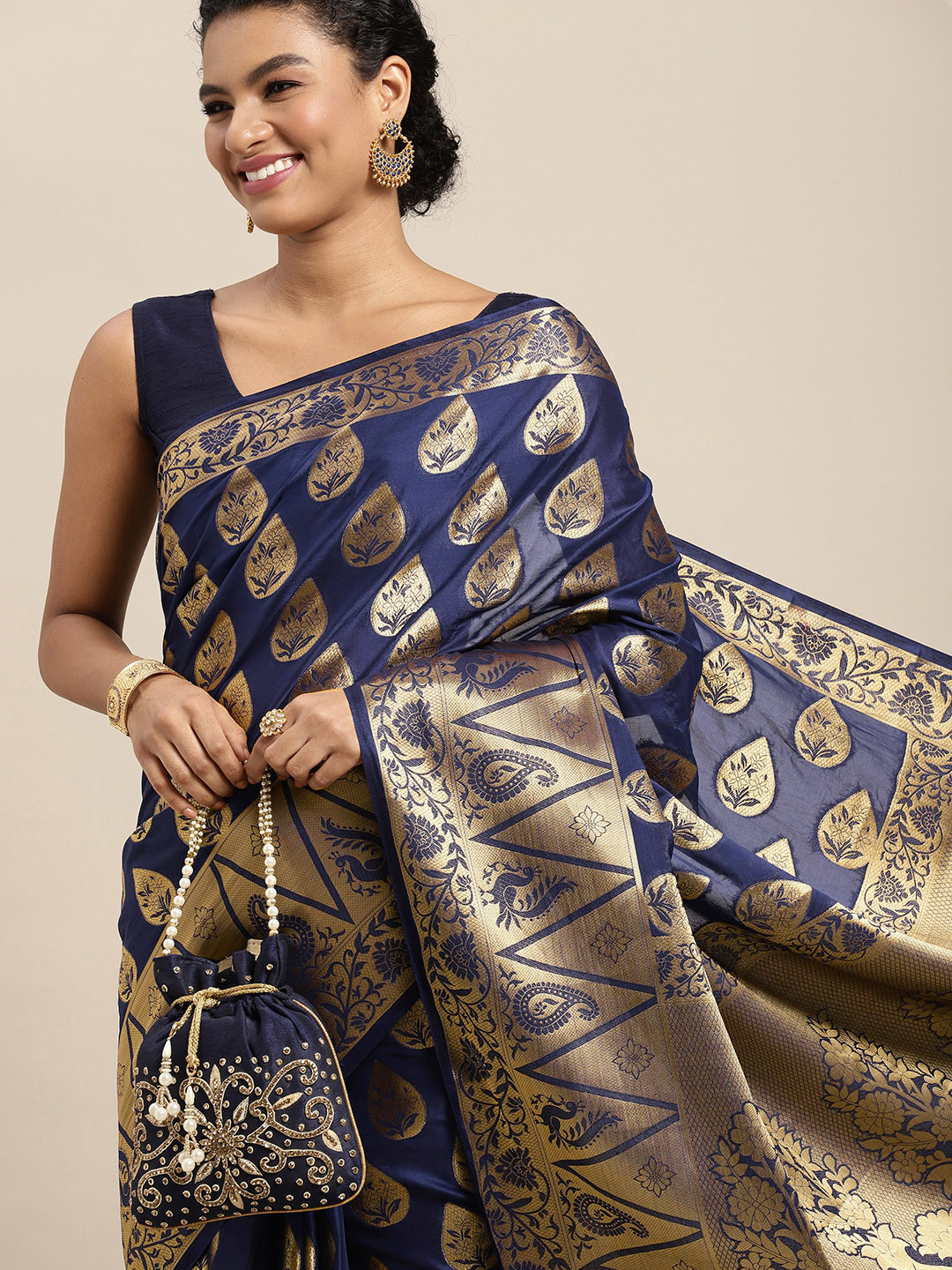MIMOSA Navy Blue & Golden Ethnic Motifs Saree