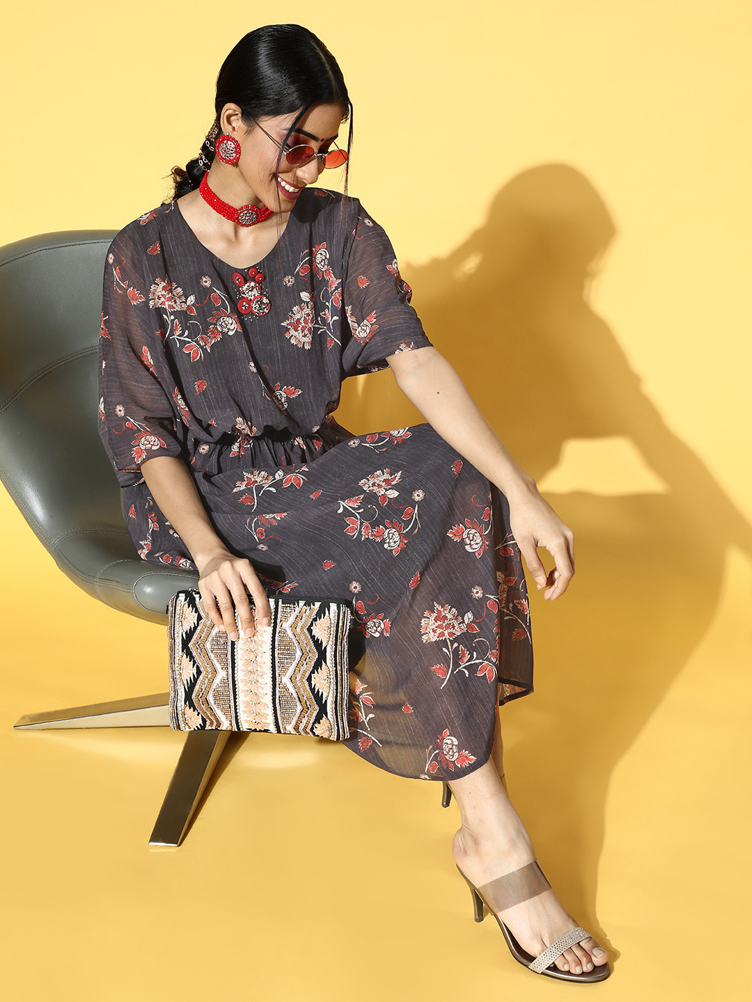 Soch Women Beautiful Charcoal Floral Swirling Volume Georgette Dress