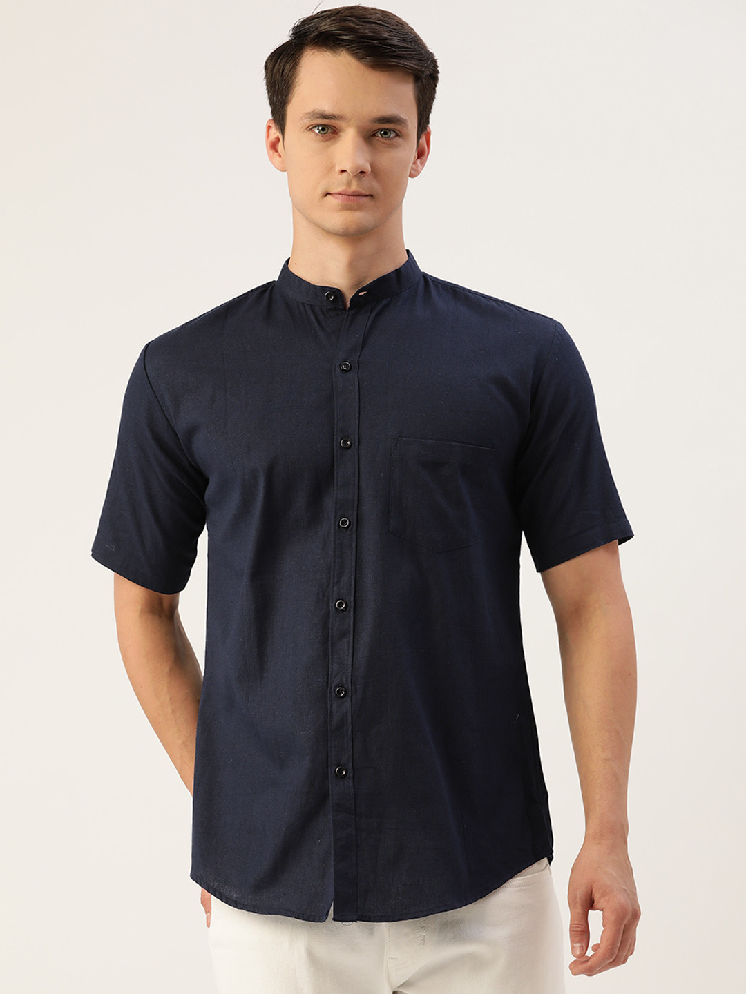 JAPS Men Navy Blue Cotton Linen Solid Classic Fit Casual Shirt