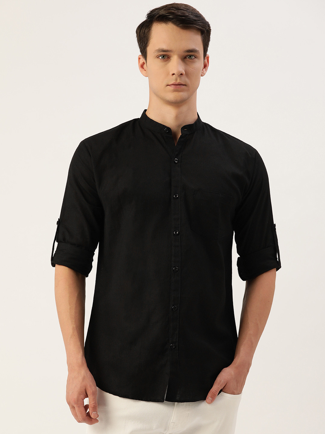 JAPS Men Black Cotton Linen Solid Classic Fit Casual Shirt
