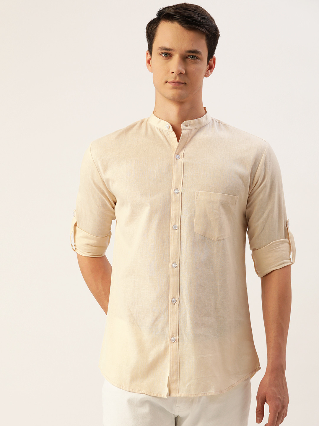 JAPS Men Cream-Coloured Cotton Linen Solid Classic Fit Casual Shirt