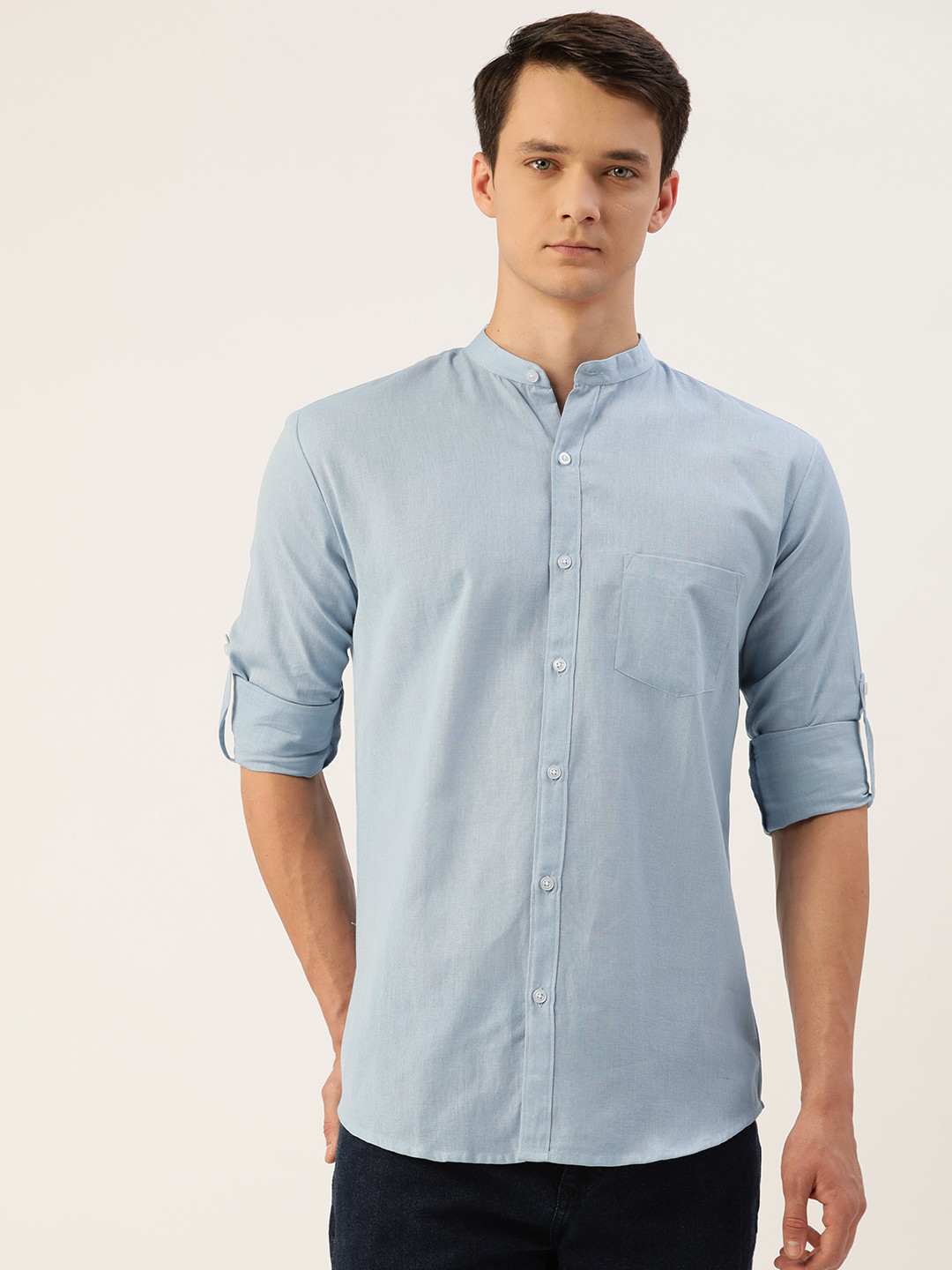 JAPS Men Blue Cotton Linen Solid Classic Fit Casual Shirt