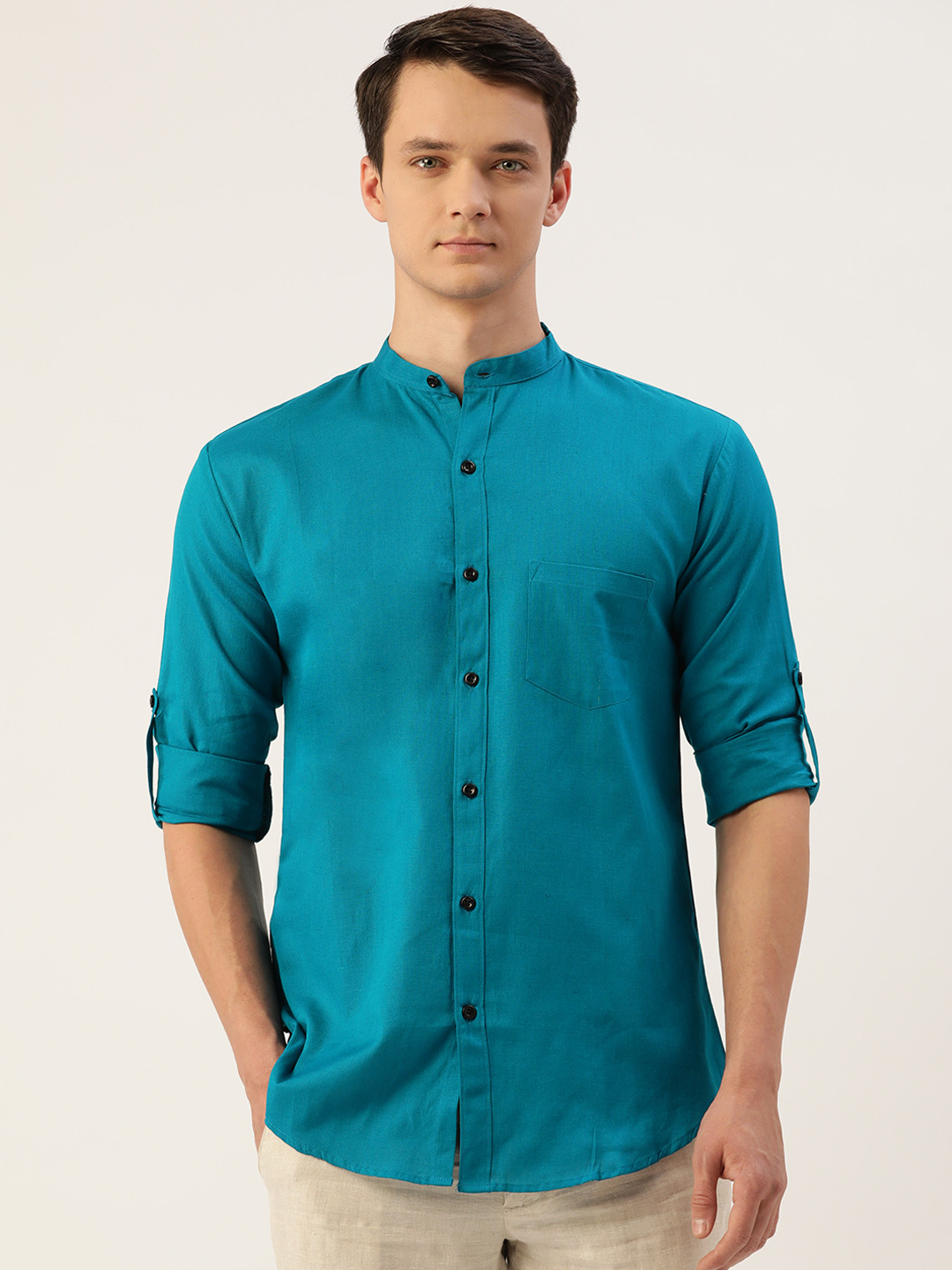 JAPS Men Turquoise Blue Cotton Linen Solid Classic Fit Casual Shirt