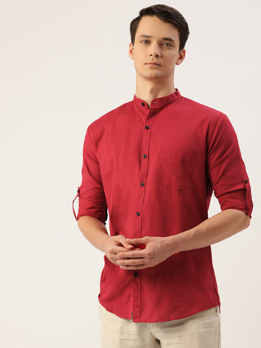 JAPS Men Red Cotton Linen Solid Classic Fit Casual Shirt
