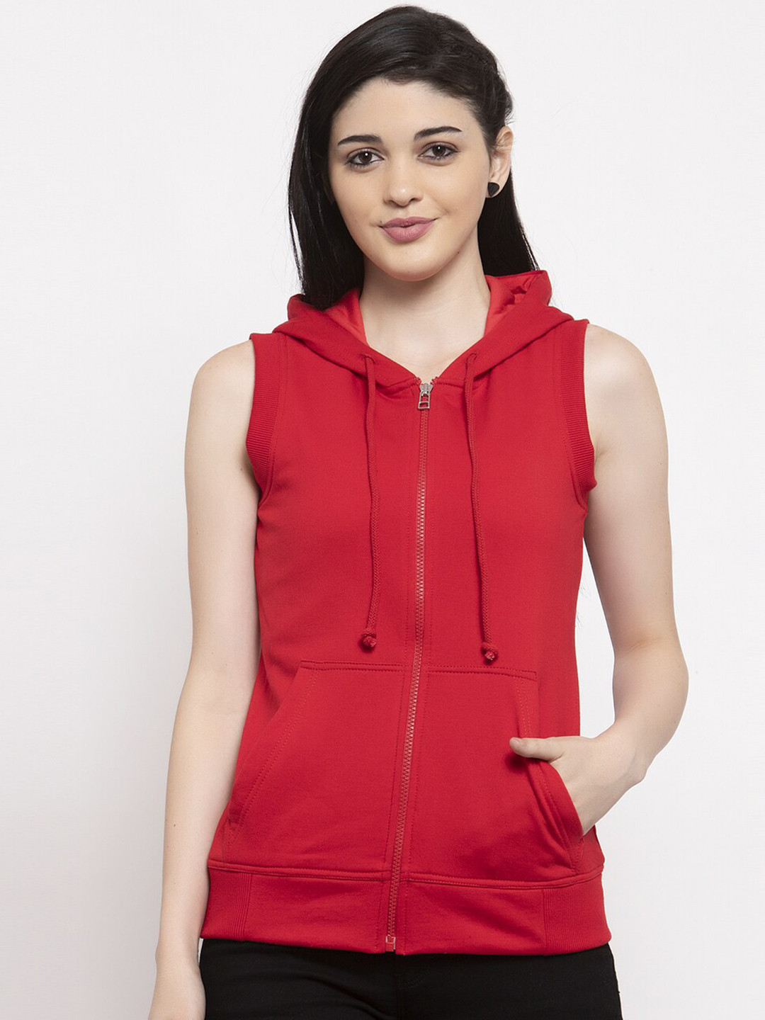 UnaOne Women Pink Solid Front Open Hooded Sweatshirt