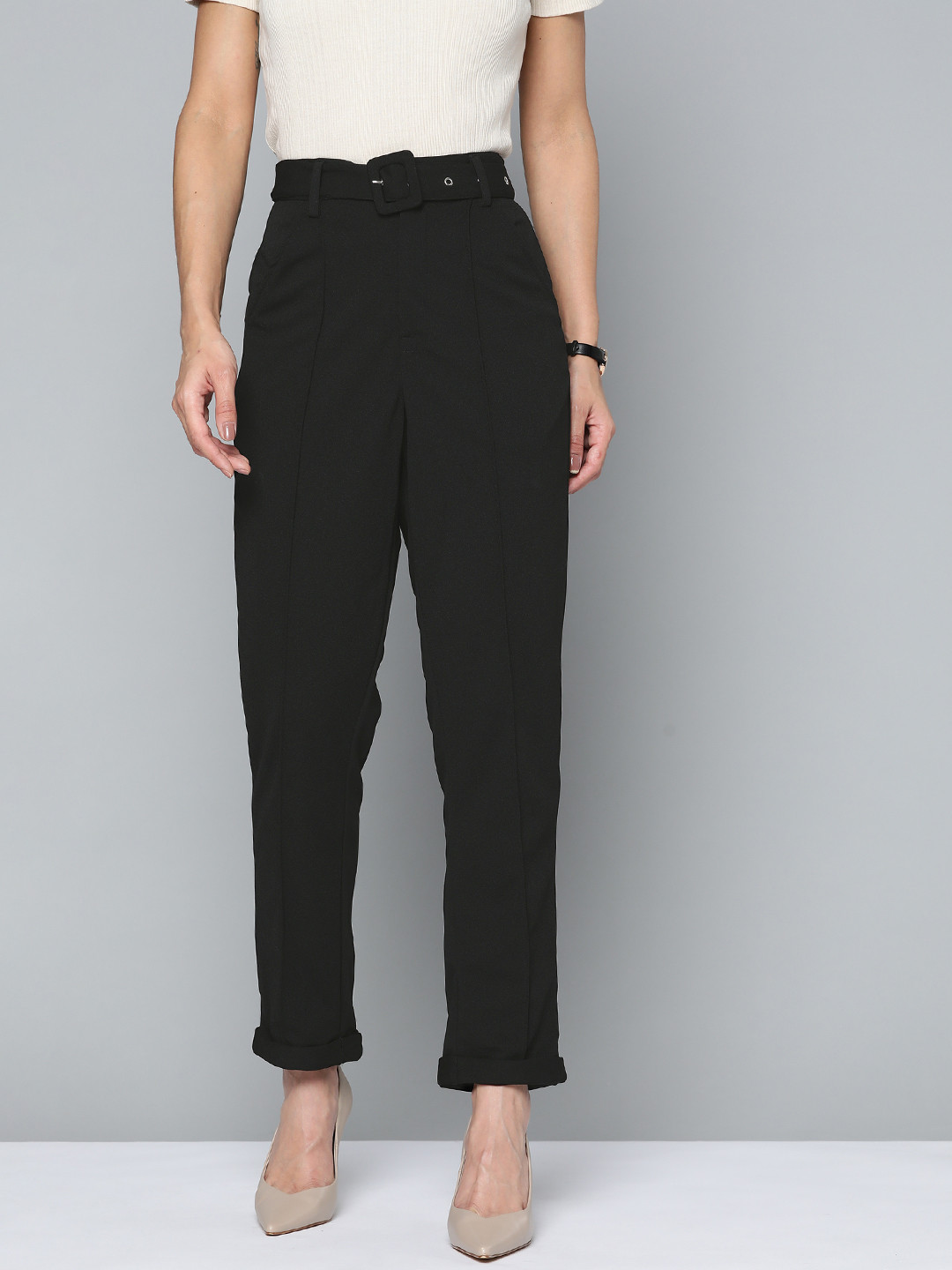 Chemistry Women Black Solid Pleated Trousers Comes with a Belt