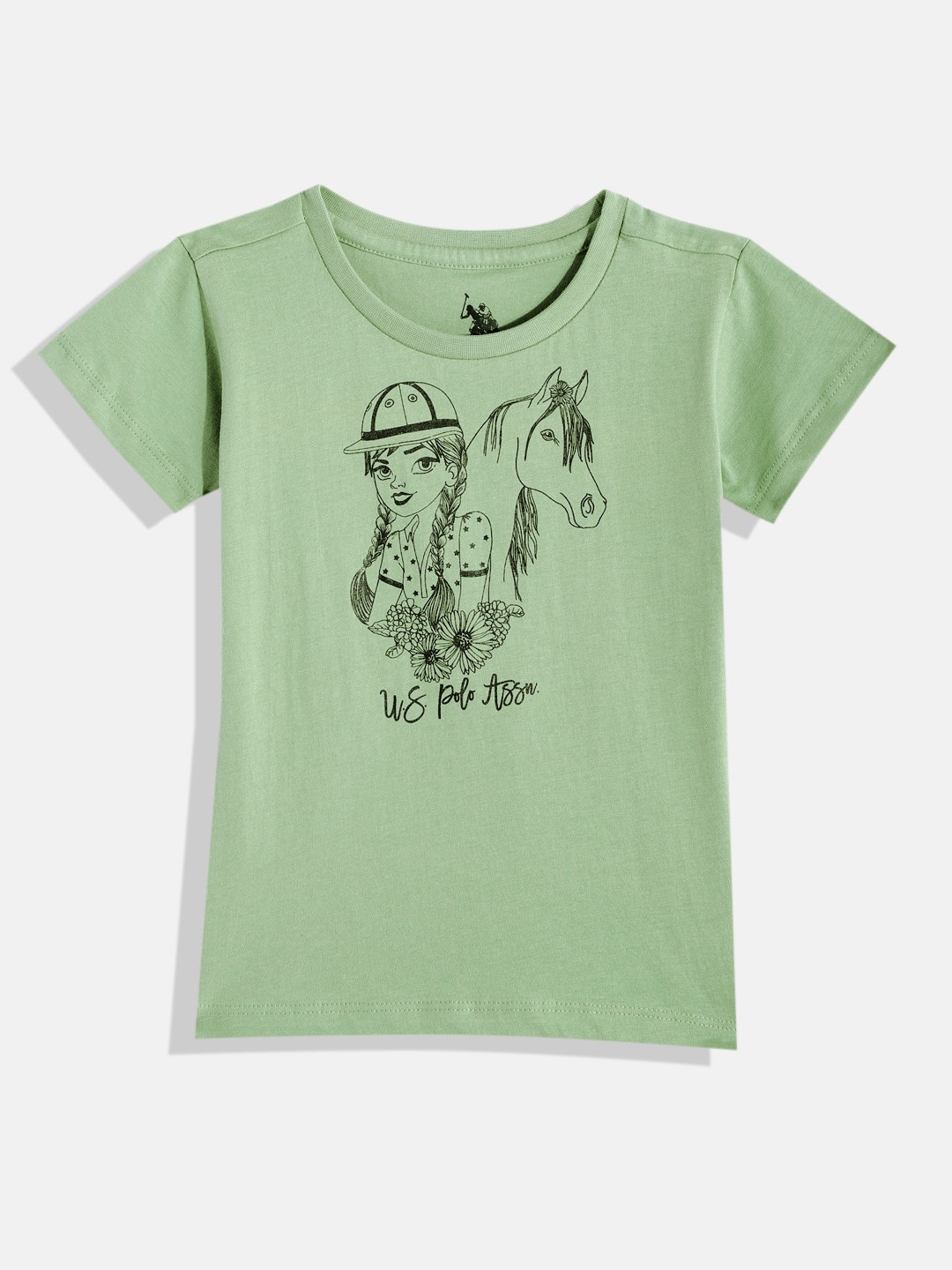 U.S. Polo Assn. Kids Girls Sage Green Graphic Printed Pure Cotton T-shirt