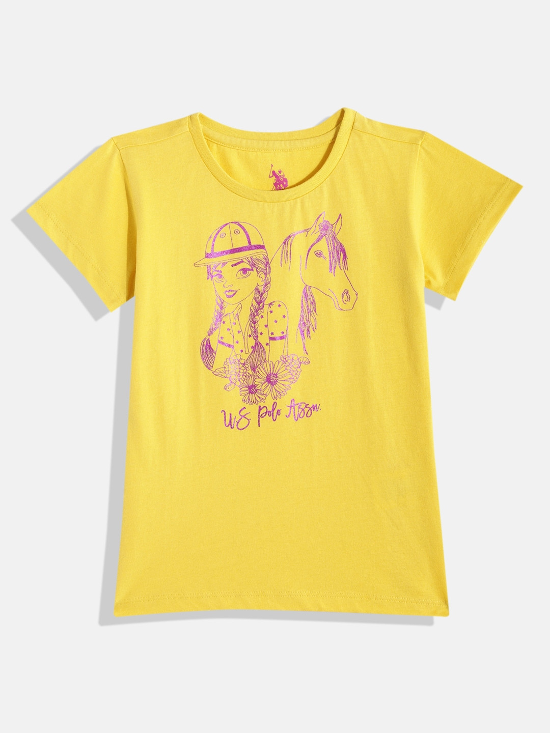 U.S. Polo Assn. Kids Girls Yellow Graphic Printed Pure Cotton T-shirt