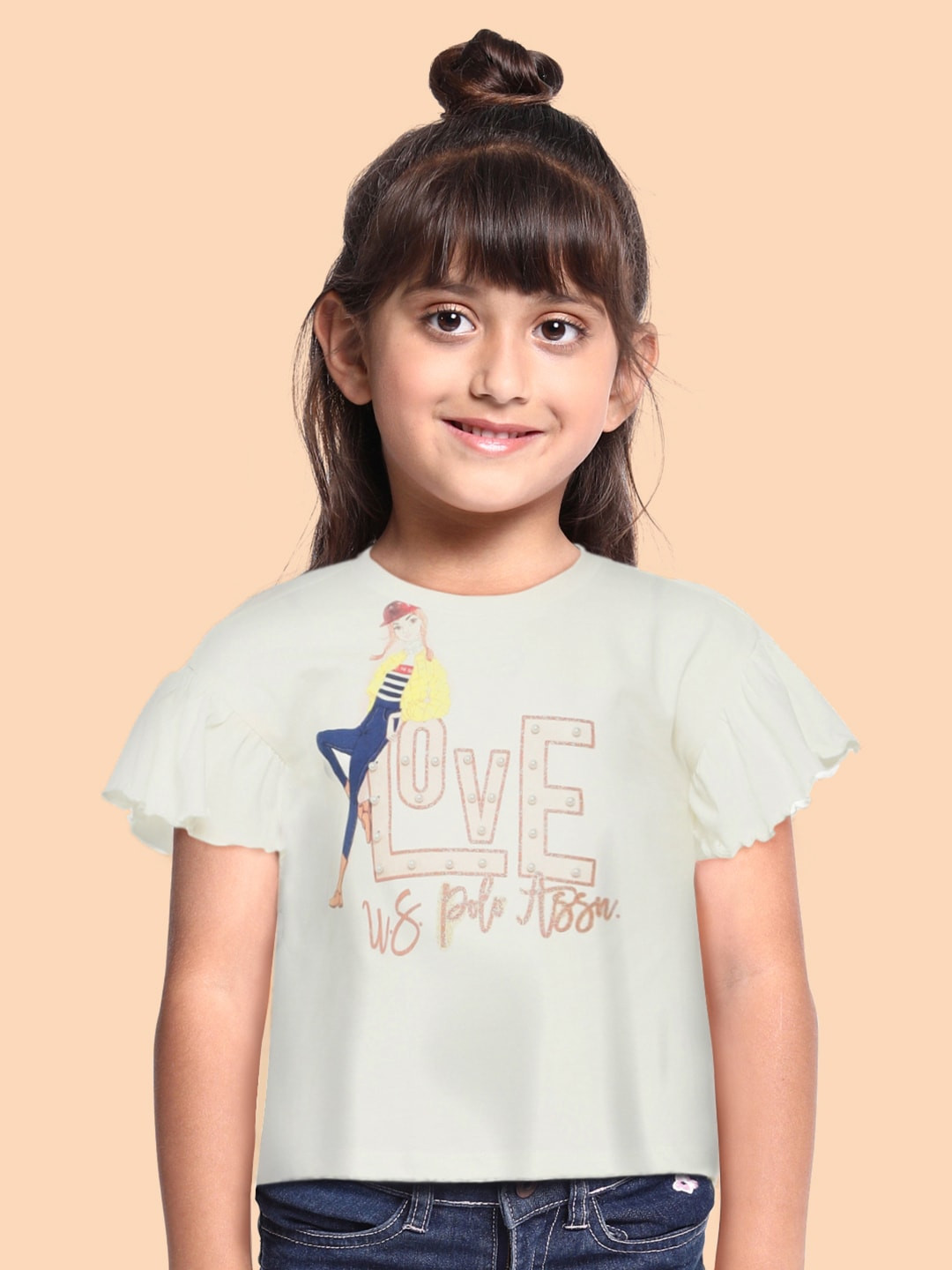 U.S. Polo Assn. Kids Girls Off-White Brand Logo Printed Pure Cotton T-shirt