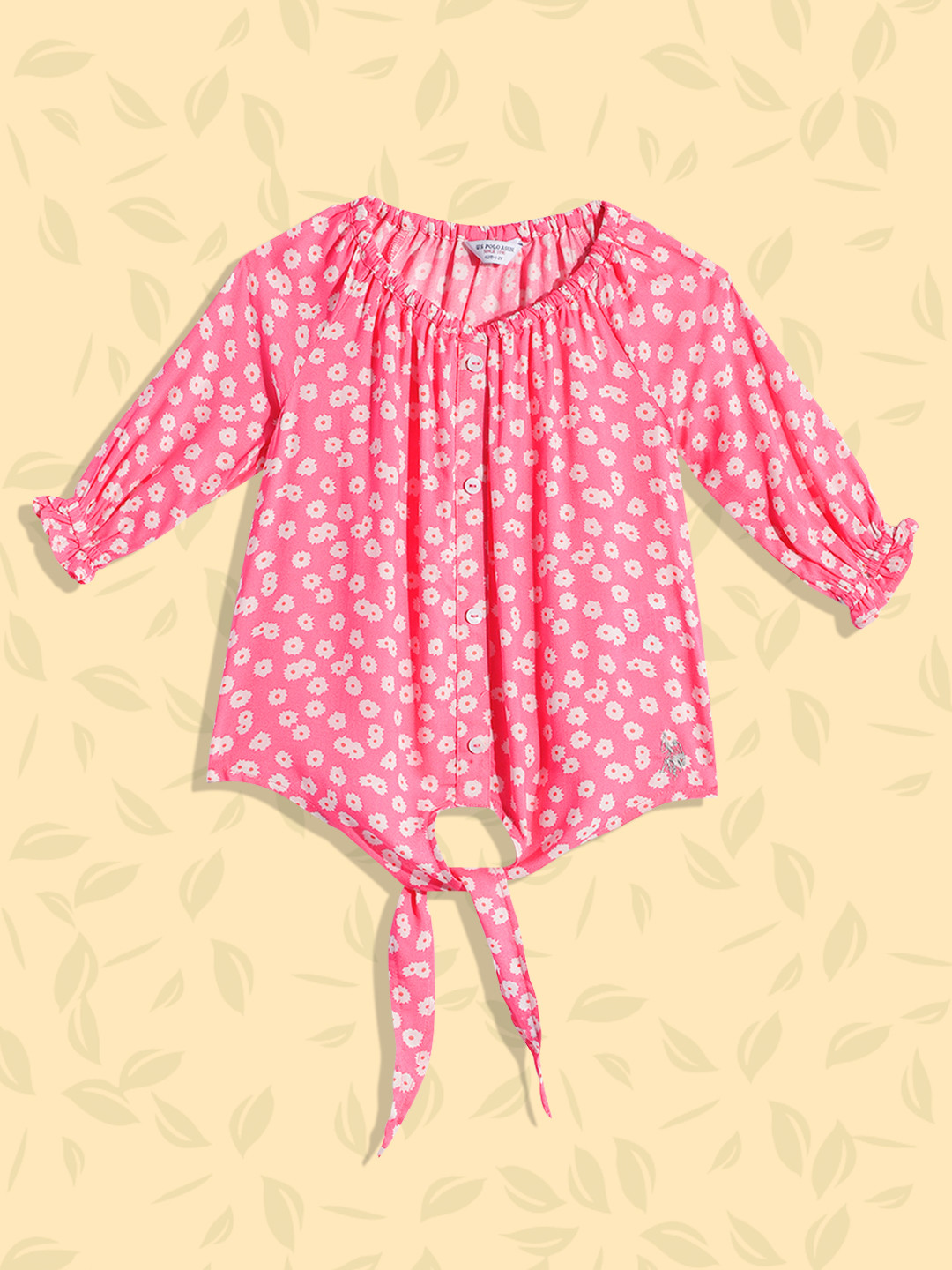 U.S. Polo Assn. Kids Girls Pink Floral Printed Accordion Pleated Sleeves Shirt Style Top