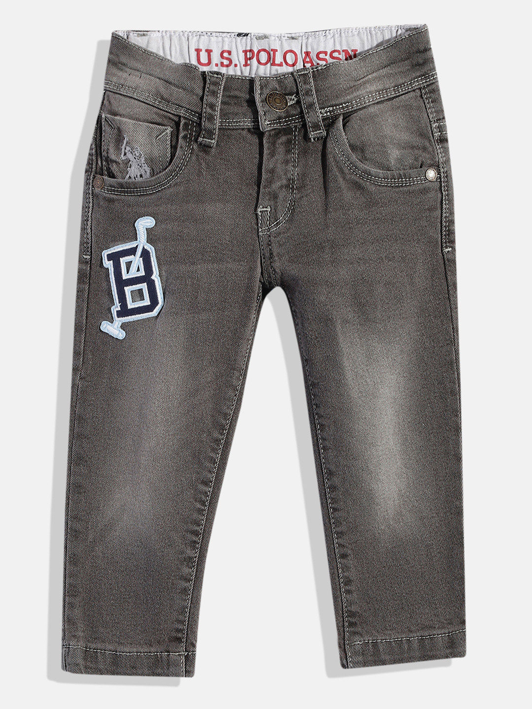 U S Polo Assn Kids Boys Grey Slim Fit Heavy Fade Applique Stretchable Jeans