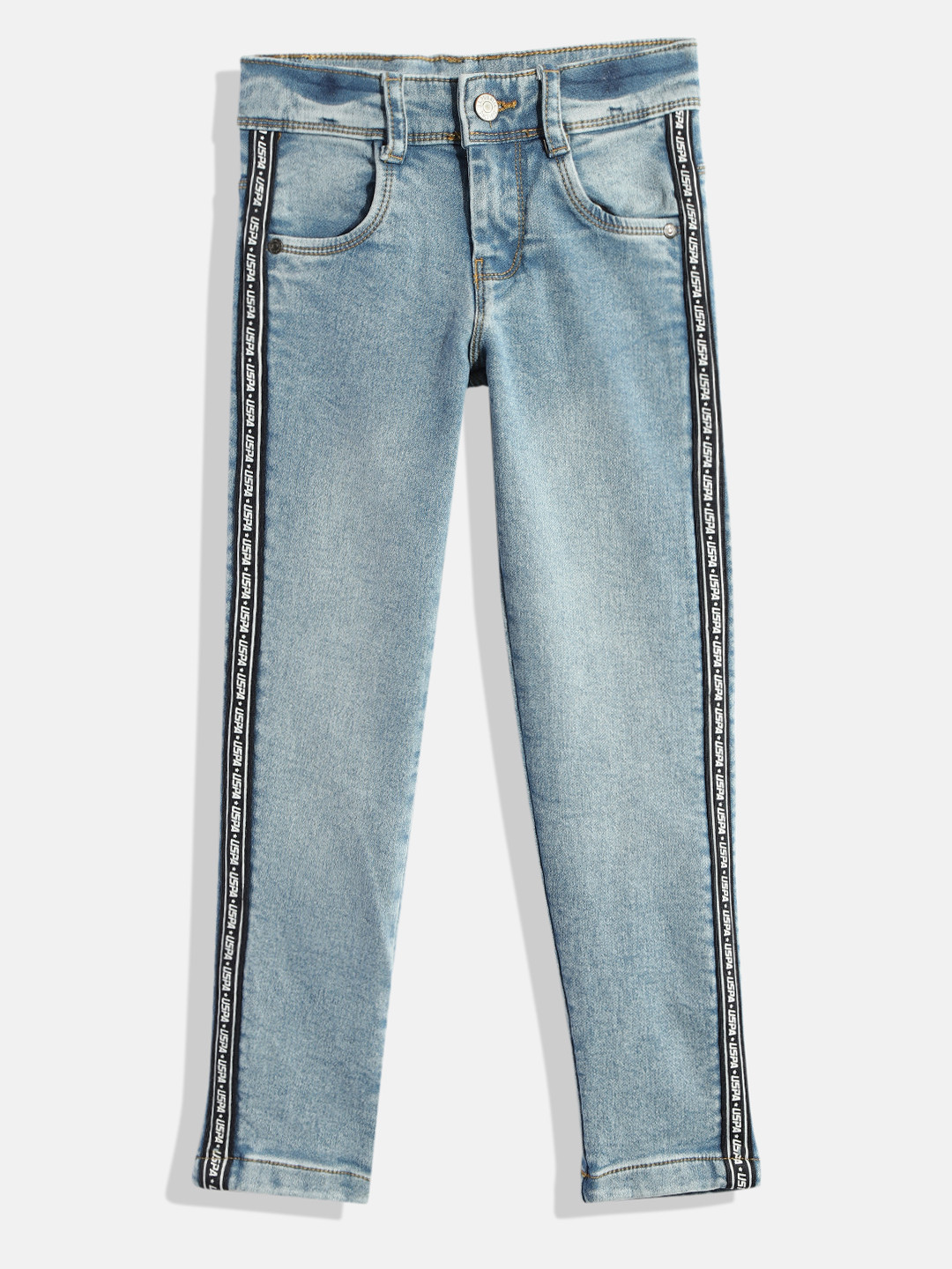 U.S. Polo Assn. Kids Boys Blue Heavy Fade Side Stripes Stretchable Jeans